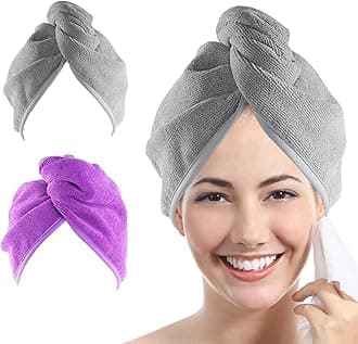 YoulerTexUltra Plush Microfiber Hair Towel Wrap for Women, 2 Pack 10 inch X 26inch Purple, Ultra Absorbent Twist Hair Turban Drying Cap Hair Wrap, For Drying Curly, Long & Thick Hair (Purple+Gray)