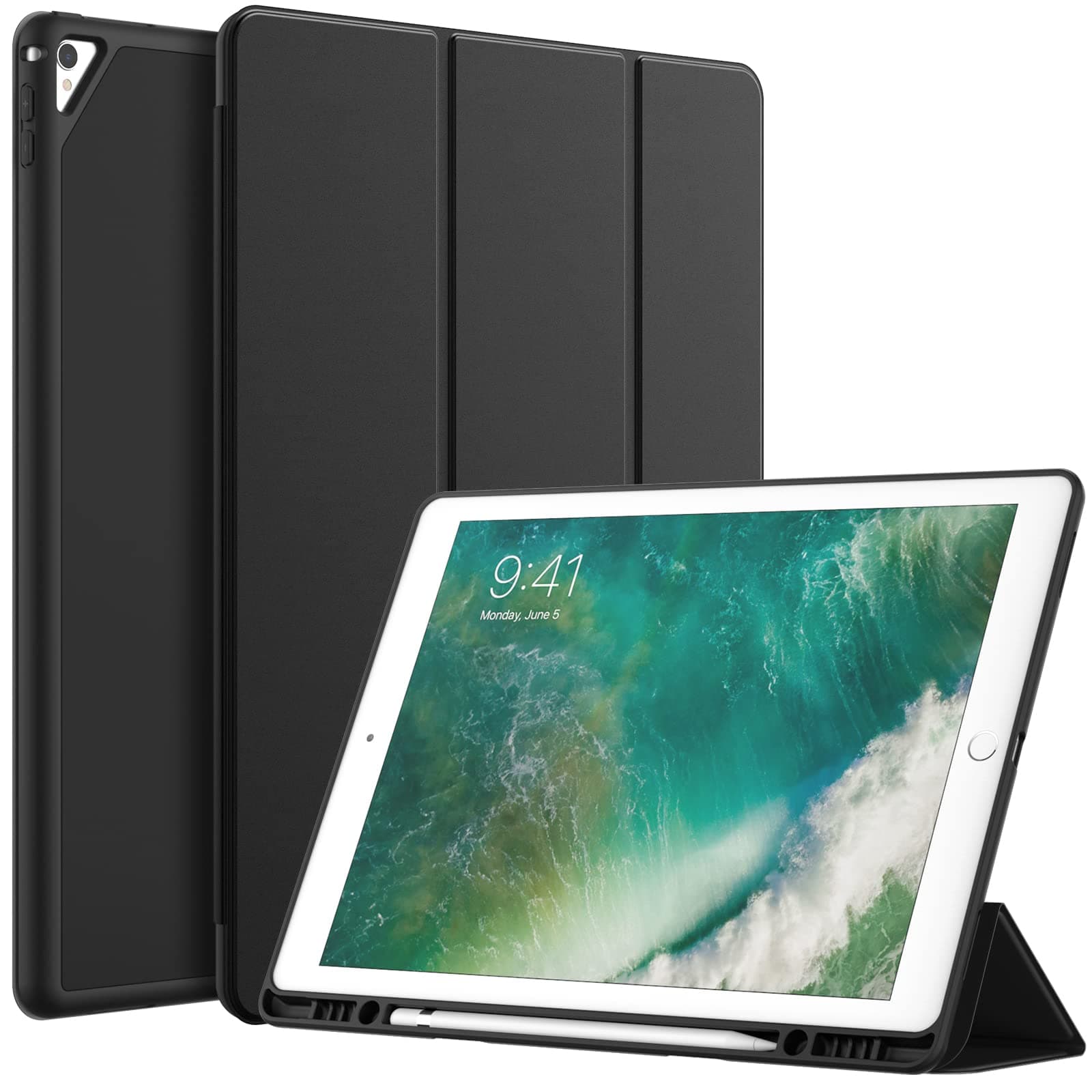 Case for iPad Pro 12.9 Inch (2015/2017 Model, 1st/2nd Generation) with Pencil Holder, Slim Tablet Cover with Soft TPU Back, Auto Wake/Sleep (Black)