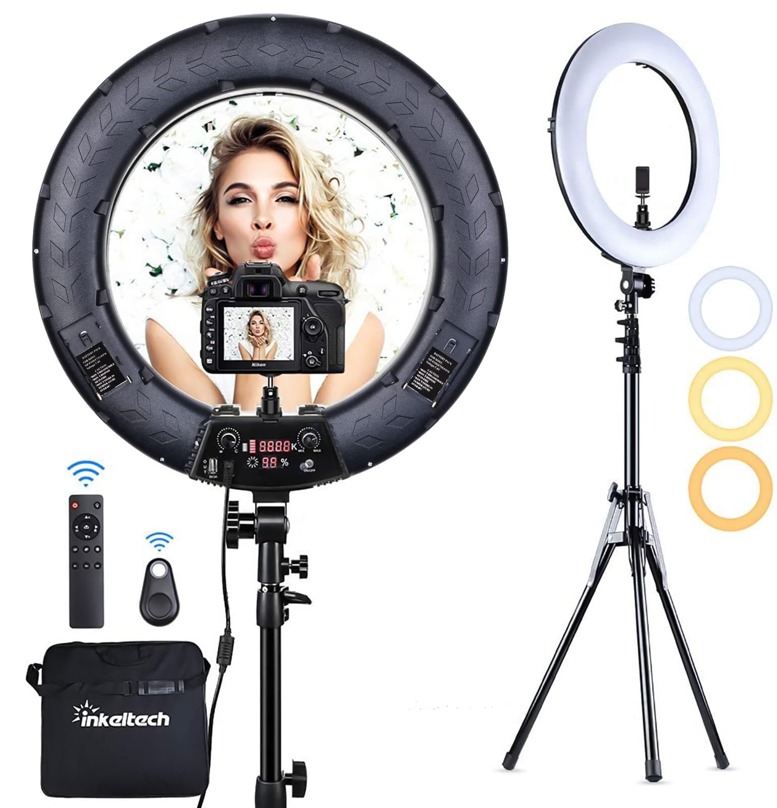 Ring Light - 18 inch 3000K-6000K Dimmable Bi-Color Light Ring, 60W LED Ring Light with Stand, Lighting Kit for Vlog, Selfie, Makeup, YouTube, Camera, Phone - LCD Screen & Remote Control