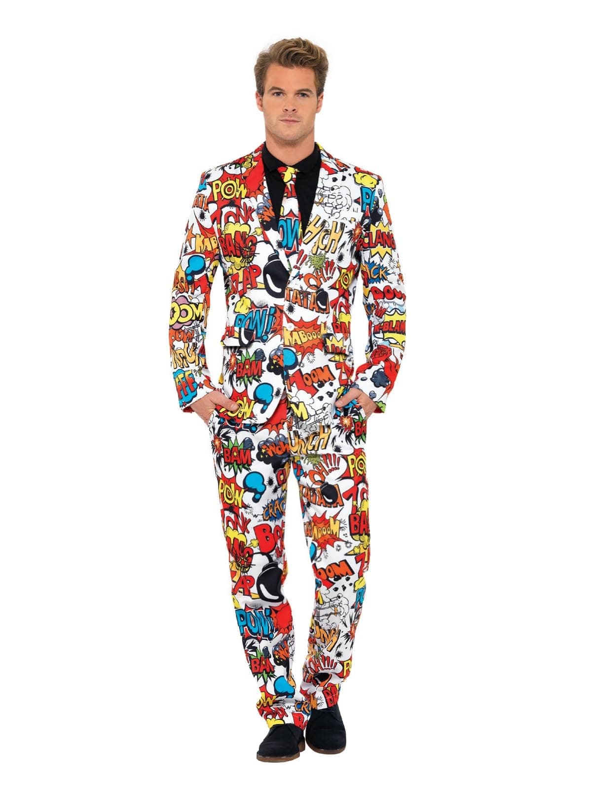 Smiffys Comic Strip Suit, Red & White with Jacket, Trousers and Tie, Stand Out Suits Fancy Dress, Comedy Dress Up Costumes
