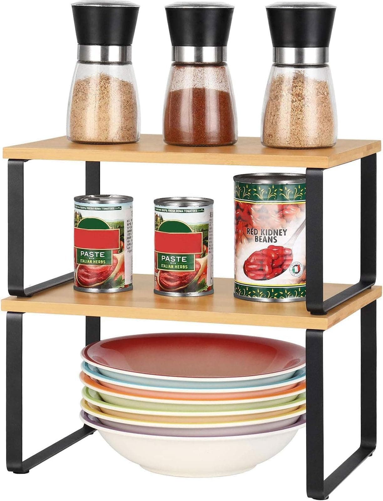 U-HOOME Kitchen Cabinet Organizer Shelf,Set of 2 Kitchen Counter Shelves,Stackable&Expandable Kitchen Storage Spice Rack,Corner Organizers and Storage Rack for Pantry Spices Plates, Desk Books (Black)