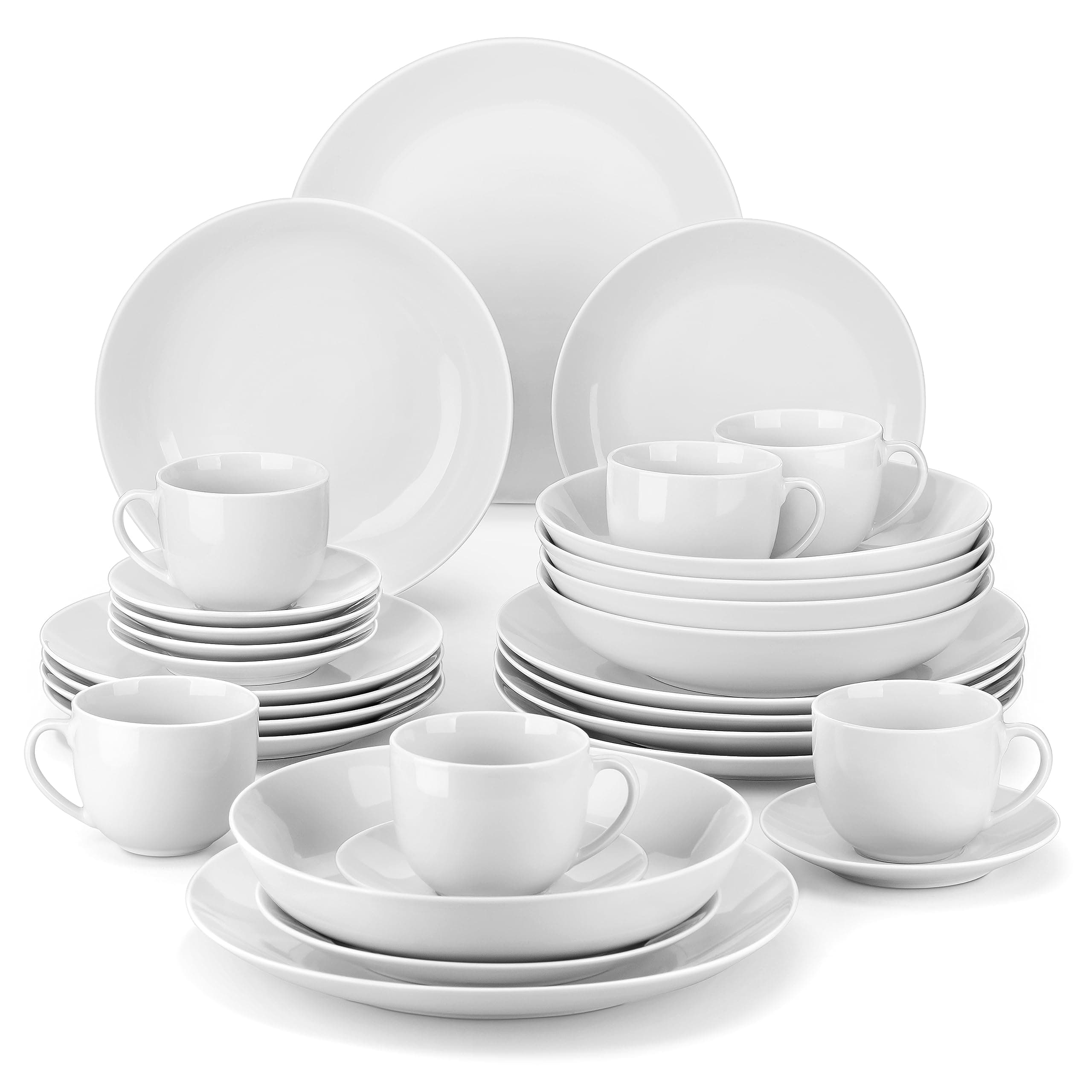 MALACASA 30-Piece Gourmet Porcelain Dinnerware Sets, Modern White Round Dish Set for 6 - Premium Serving Plates and Bowls Sets for Dessert, Salad, Soup, Pasta - Series AMELIA