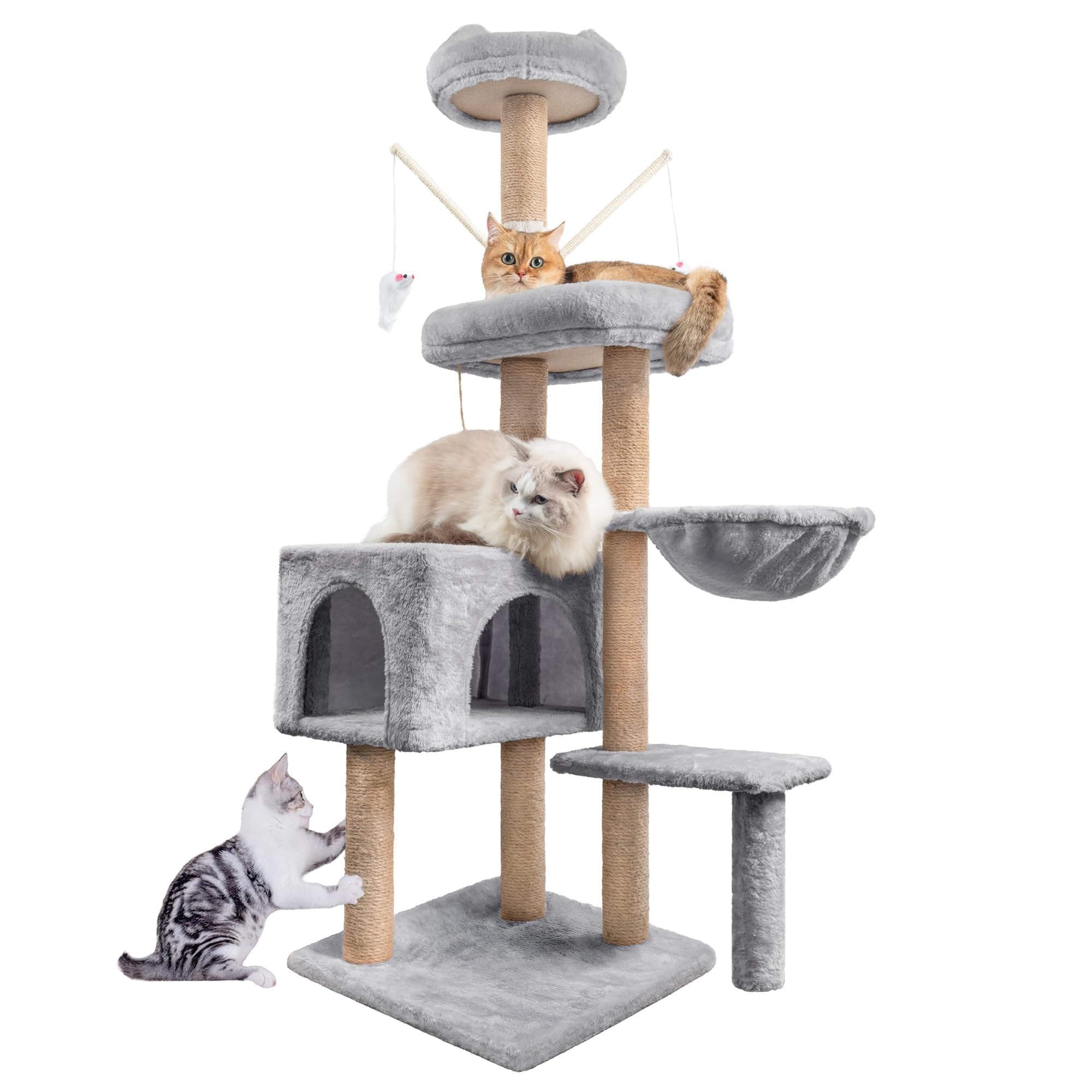 Cat Tree, 145cm Stable Cat Scratching Post for Indoor Cats, Multi-Level Cat Climbing Tower with Posts Fully Wrapped in Natural Sisal Rope, Suitable for Kitty Kitten