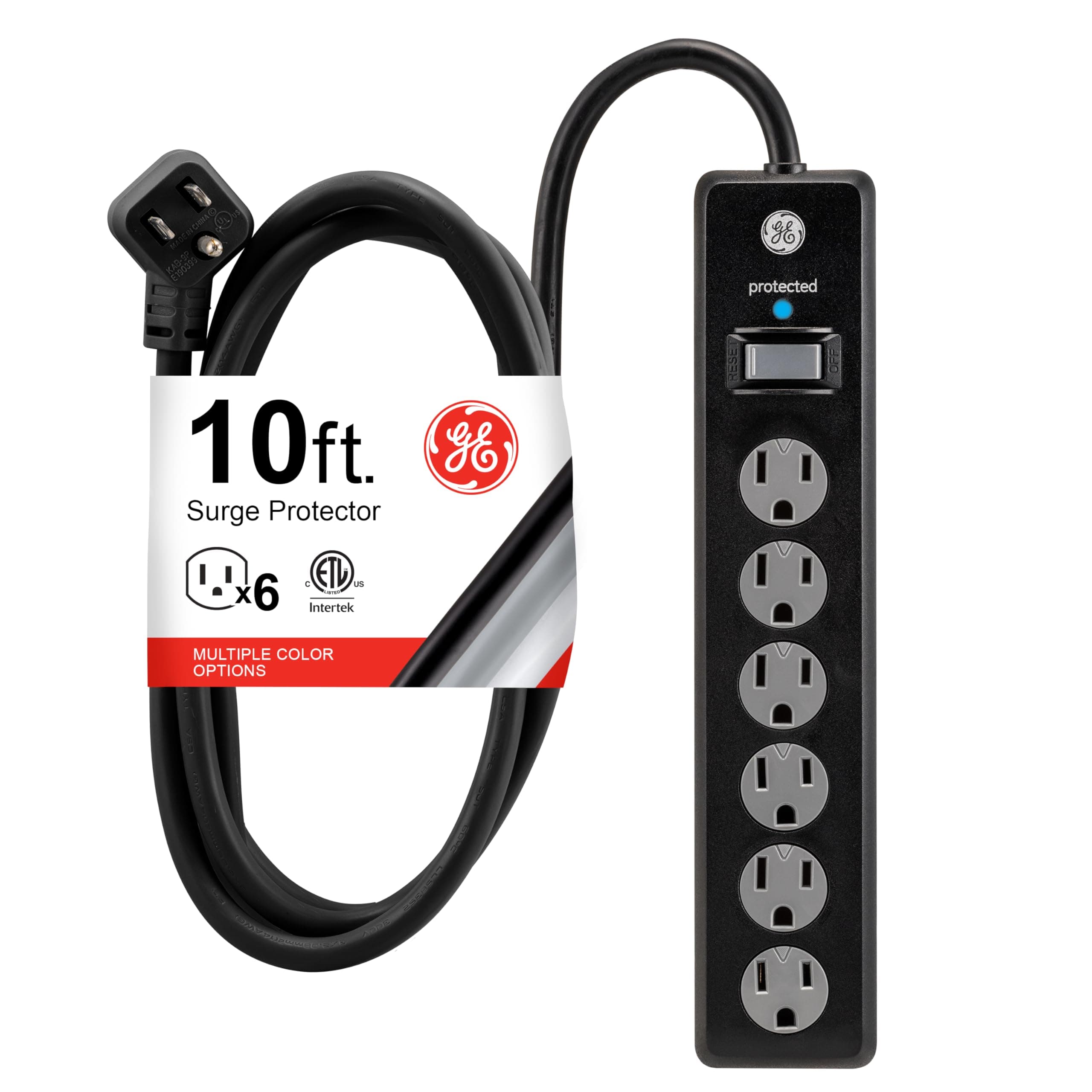 GE 6-Outlet Surge Protector, 10 Ft Extension Cord, Power Strip, 800 Joules, Twist-to-Close Safety Covers, Protected Indicator Light, ETL Listed, Black, 37442