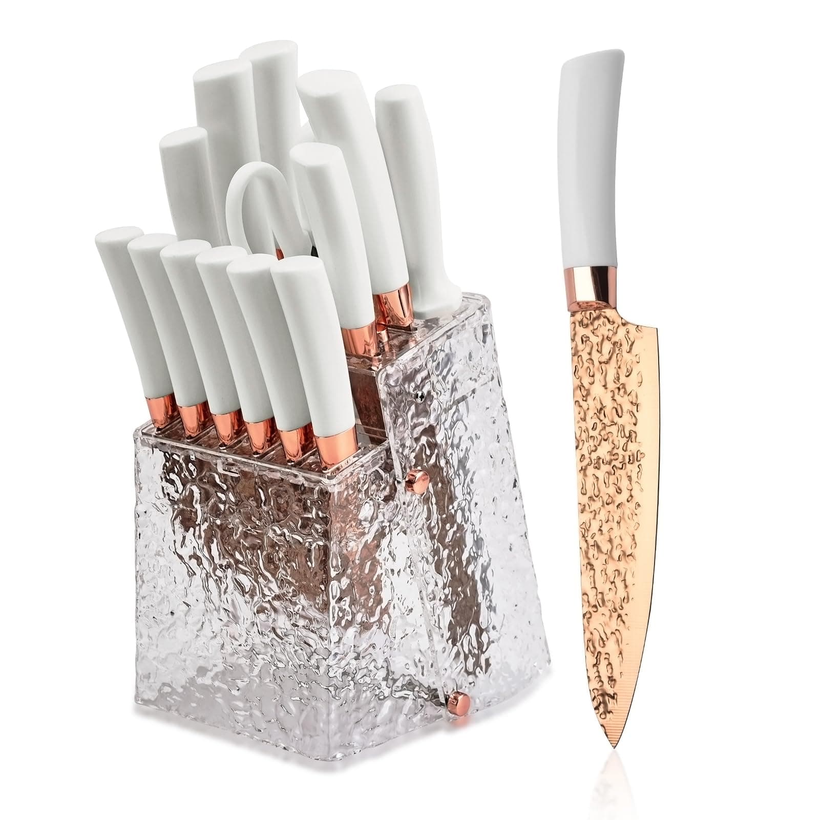 Kitchen Knife Set Non Stick Knives with Storage Serrated Steak Knife, Chef Knife, Bread Knife, Scissors, Sharpener, 14Pcs Sharp Cutlery Block Sets for Home & Pro Use Pearl White Handle Gold Blade