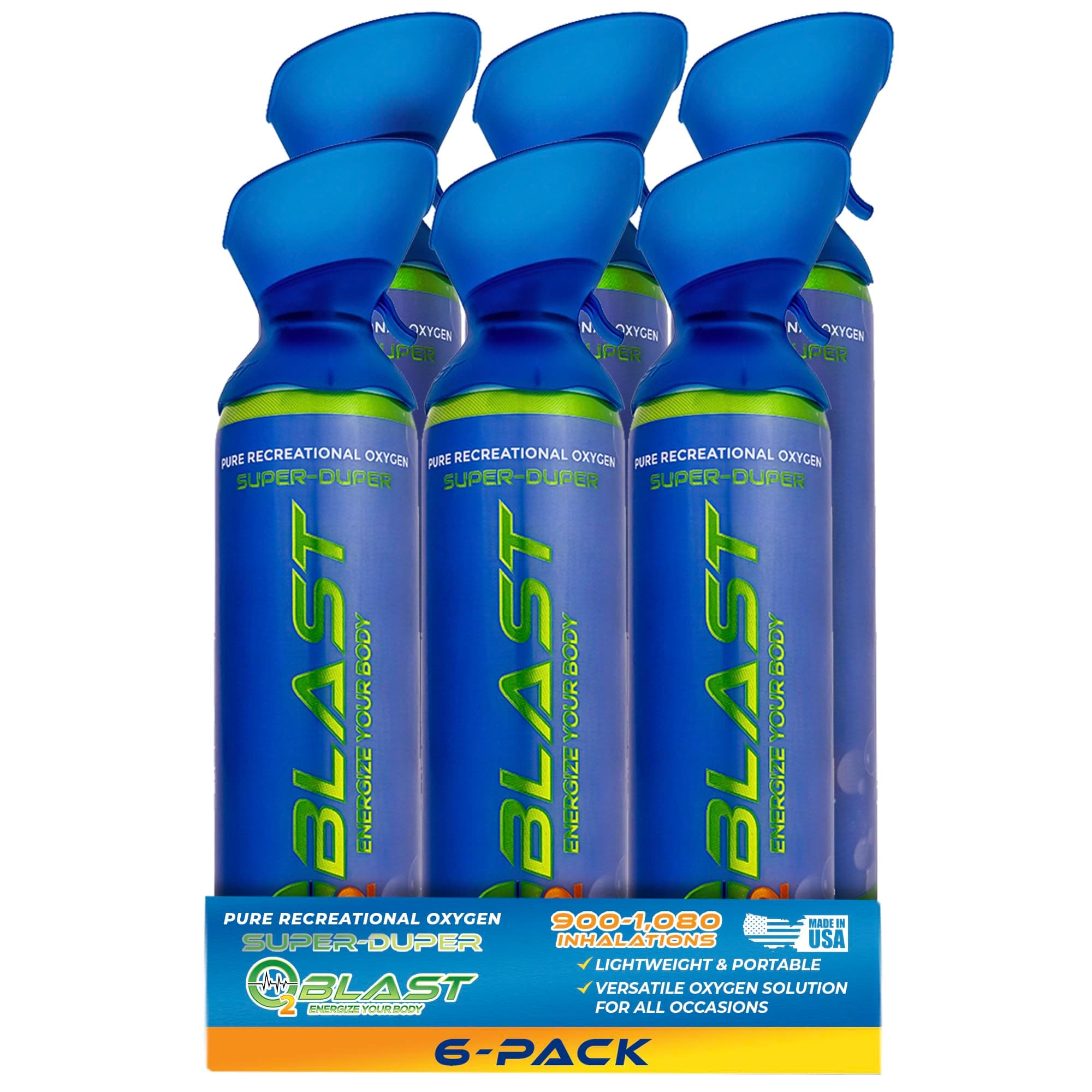 O2 Blast - Pure Oxygen Supplement, Portable Can Filled with 99.99% Pure Oxygen with Custom Breathing Mask, Energy, Performance, Fast Recovery Time, Ideal for High Altitude & Sports - 10L, 6-Pack