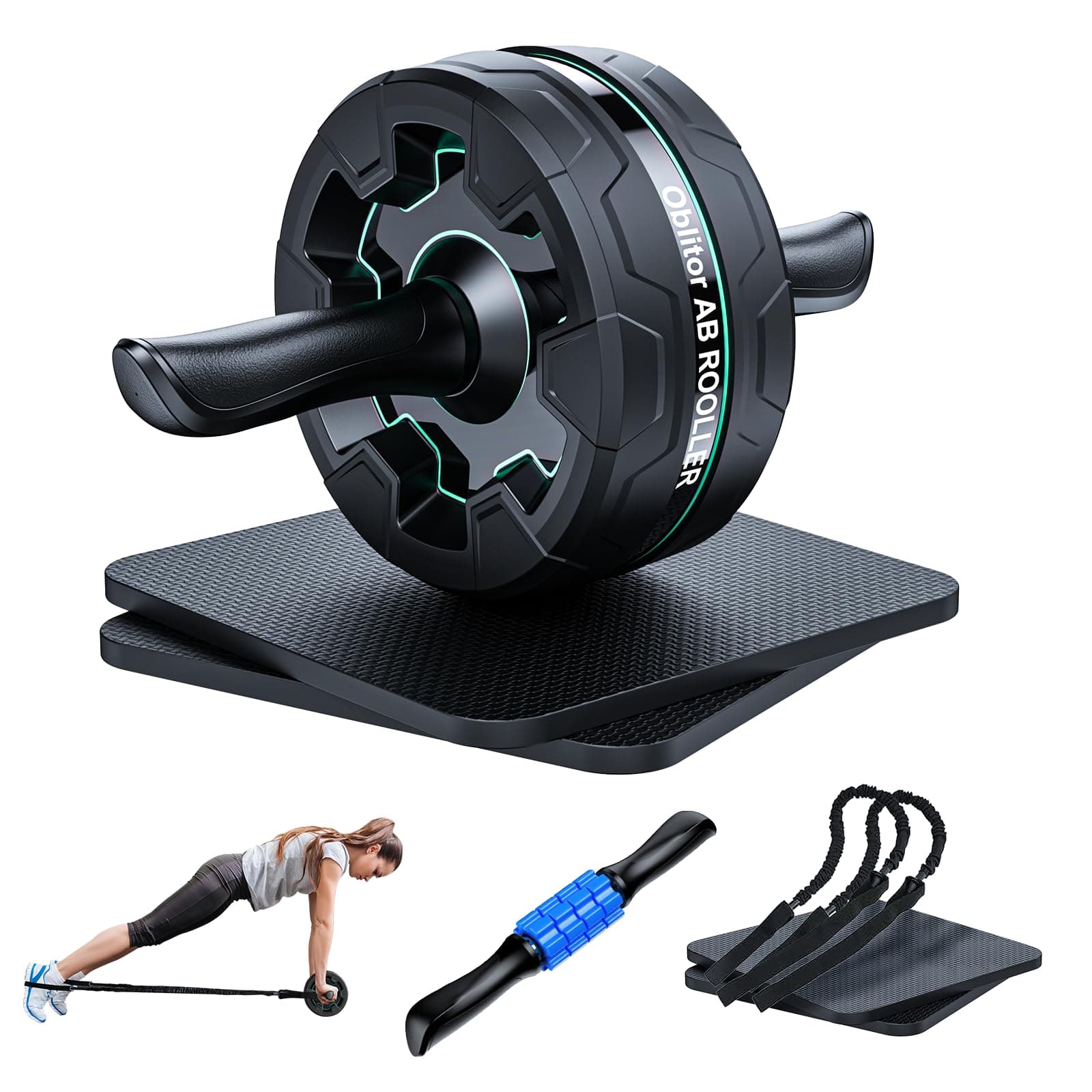 Ab Roller Wheel Abs Workout Equipment 4 In 1 Removable with Resistance Bands Knee Pad Massage Gear Oblitor Ab Exercise Wheels for Men Women Core Abdominal Strength Training Home Gym Fitness