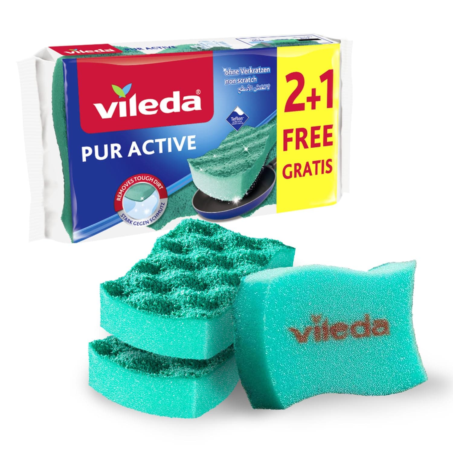 Vileda Pur Active Dishwashing Sponge, antibacterial, Teflon-friendly, Eco-friendly, Green, 3 Pcs