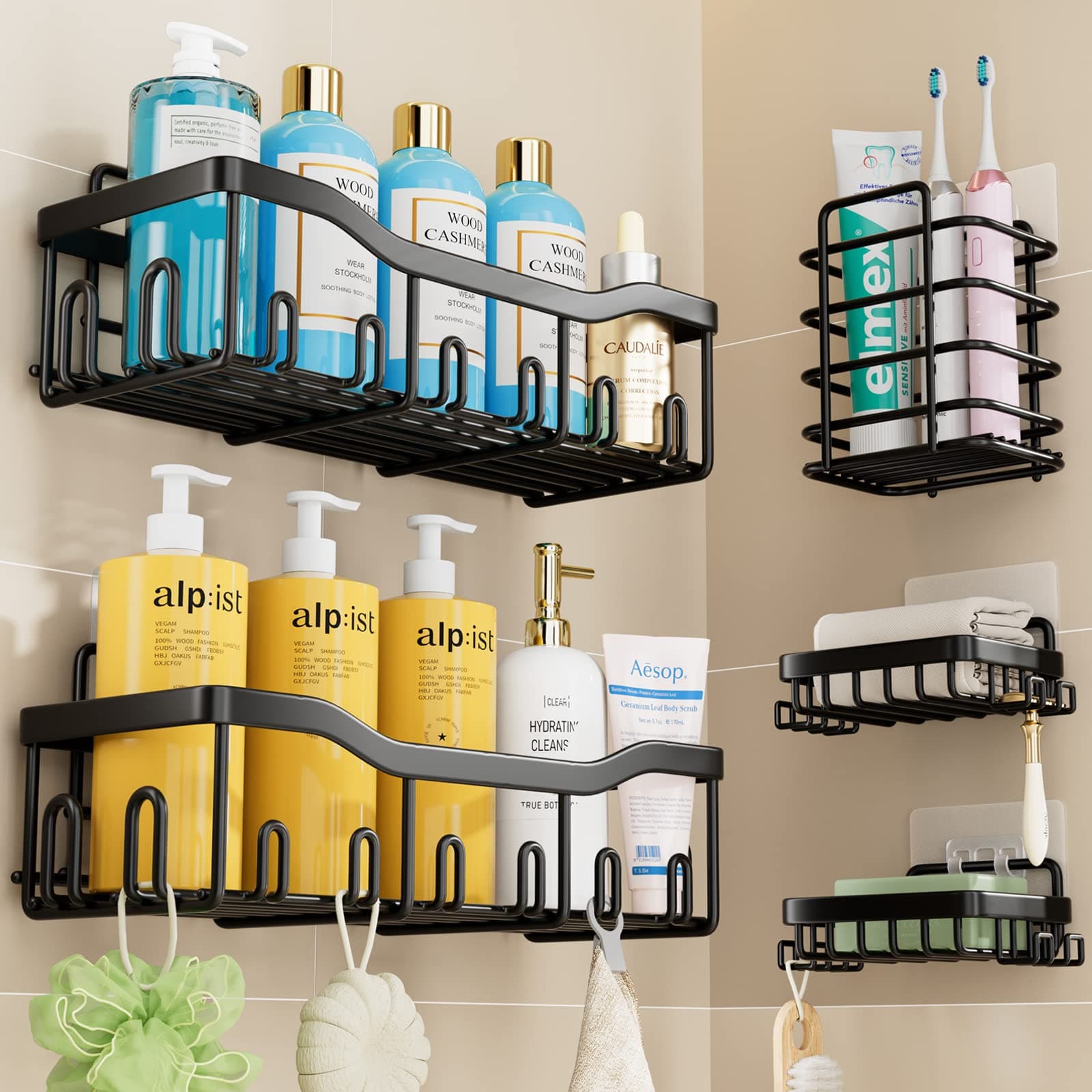 Shower Caddy Organizer 5 Pack, Self Adhesive Shelves Basket for Bathroom Storage Home Decor, Shelf Inside Rack, Wall Mounted RV Accessories Shampoo Holder Black