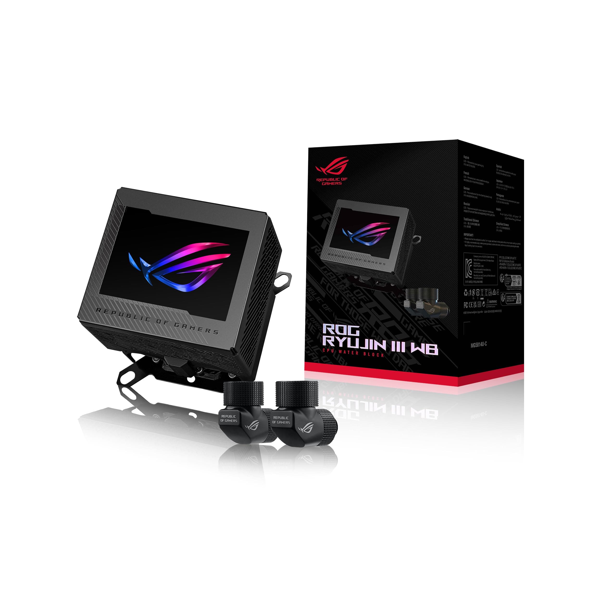 ROG RYUJIN III WB CPU Water Block Intel LGA 1700, 1200, 115X, AMD Socket AM4, AM5 Asetek Copper Cold Plate Black, 178 Micro-Cooling, 3.5" Color LCD Display, Integrated VRM Fan, ROG Fittings