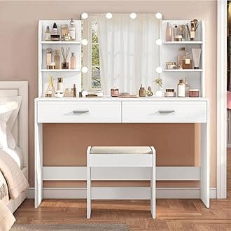usikey Vanity Desk with Mirror and Lights, Makeup Vanity Set with 2 Drawers and Open Shelves, Makeup Vanity Desk Dressing Table with Cushioned Stool and 10 LED Lights, White