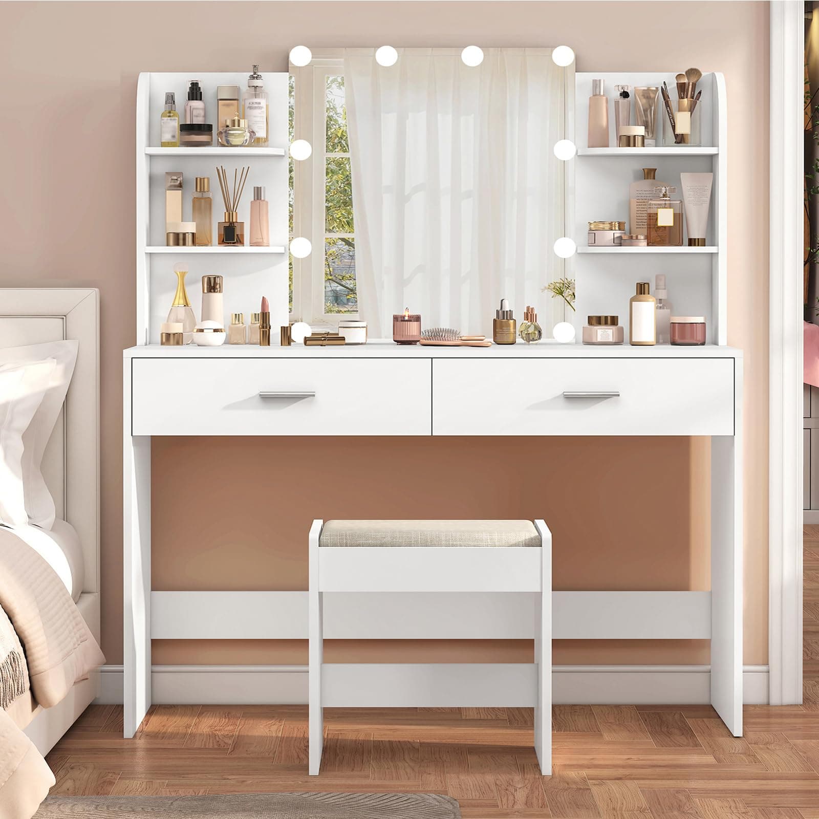 usikey Vanity Desk with Mirror and Lights, Makeup Vanity Set with 2 Drawers and Open Shelves, Makeup Vanity Desk Dressing Table with Cushioned Stool and 10 LED Lights, White