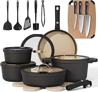 CAROTE 26pcs Pots and Pans Set Non Stick with Knives and Cutting Board,Detachable Handle Titanium Nonstick Cookware Set, Pot and Pan, Dishwasher/Oven Safe, RV/Camping, Induction Kitchen, Black/Yellow