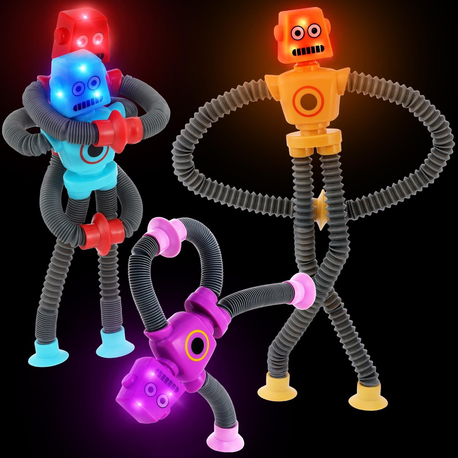 Pop Tubes Robot 4 Pcs LED Light Up for Toddlers Kids Boys Girls, Robot Sensory Telescopic Suction Cup, Autism Stress Relief Fidget Airplane Travel Toys Christmas Stocking Stuffers Party Favors Aged 3+