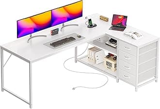 PRAISUN 61" L Shaped Desk with Power Outlets and USB-C Port, Reversible Computer Corner Office Desk with 4 Fabric Drawers and 2 Height-Adjustable Shelves, Large for Gaming Writing Work Study, White