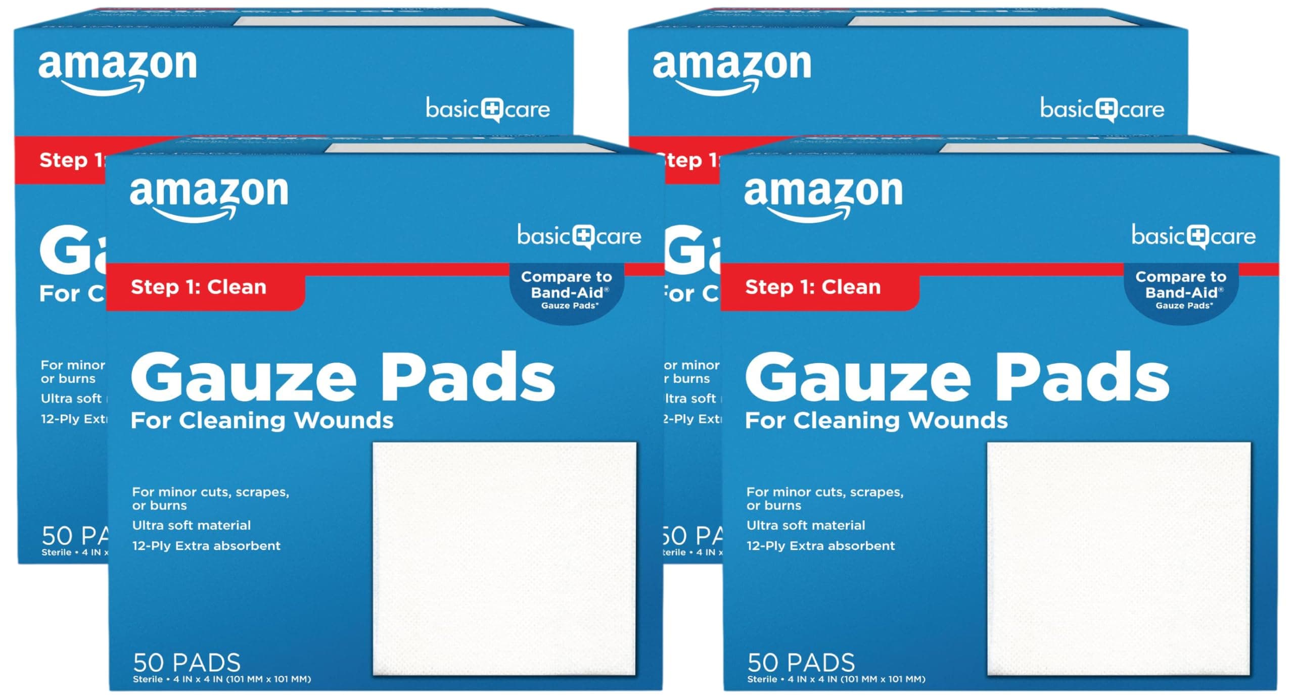 Amazon Basic Care Gauze Pads, 4x4 inches, Sterile, 50 Count | Pack of 4 | For Minor Injuries | Previously All Health