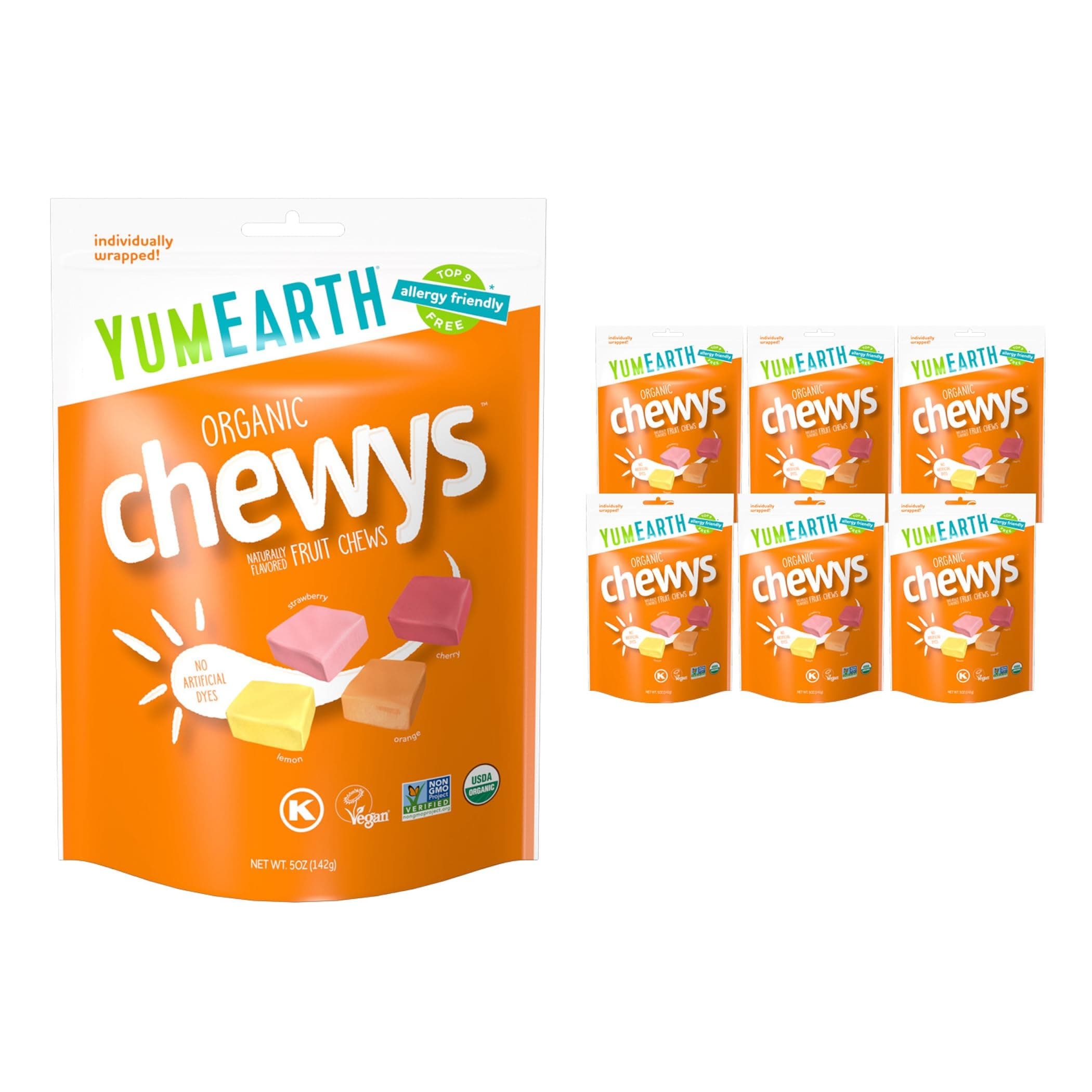 Organic Chewys Fruit Flavored Candy Chews, 5oz. (Pack of 6), Allergy Friendly, Gluten Free, Non-GMO, Vegan, No Artificial Flavors or Dyes