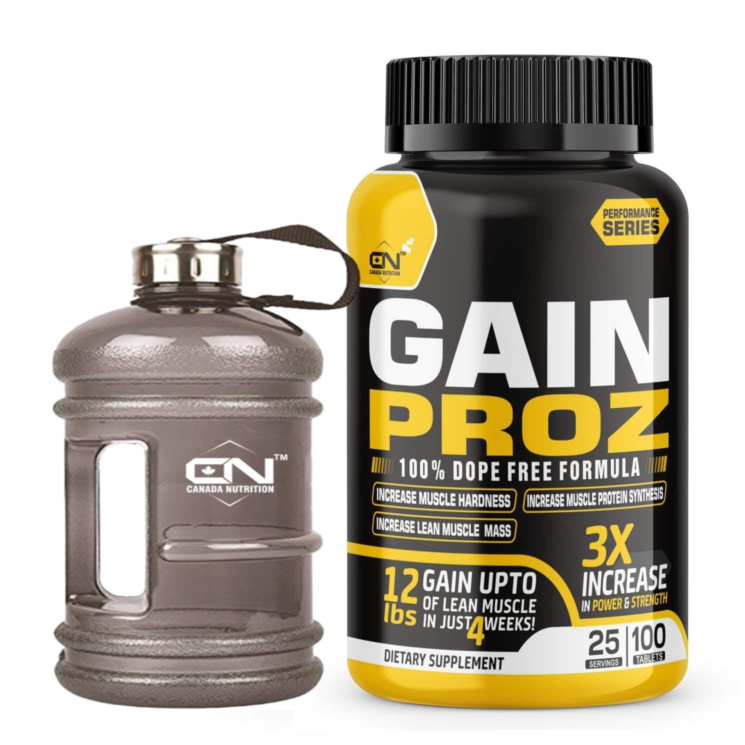 Canada Nutrition Gain Proz Bulk Gain Mass & Weight Gainer Capsule for Fast Weight & Muscle Gain, Daily Muscle Building Weight Lifters Supplement for Muscle Growth, Stamina, Endurance & Strength, For Men & Women - 100 Capsules | Free Gallon Shaker
