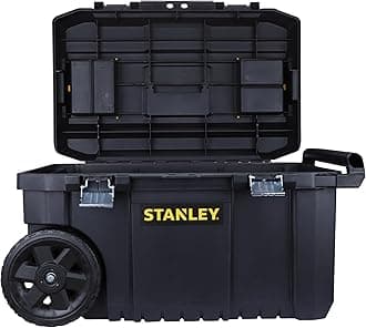 STANLEY Rolling Toolbox Chest with Heavy Duty Metal Latch, 2 Lid Organisers for Small Parts, Portable Tote Tray for Tools, STST1-80150, Black