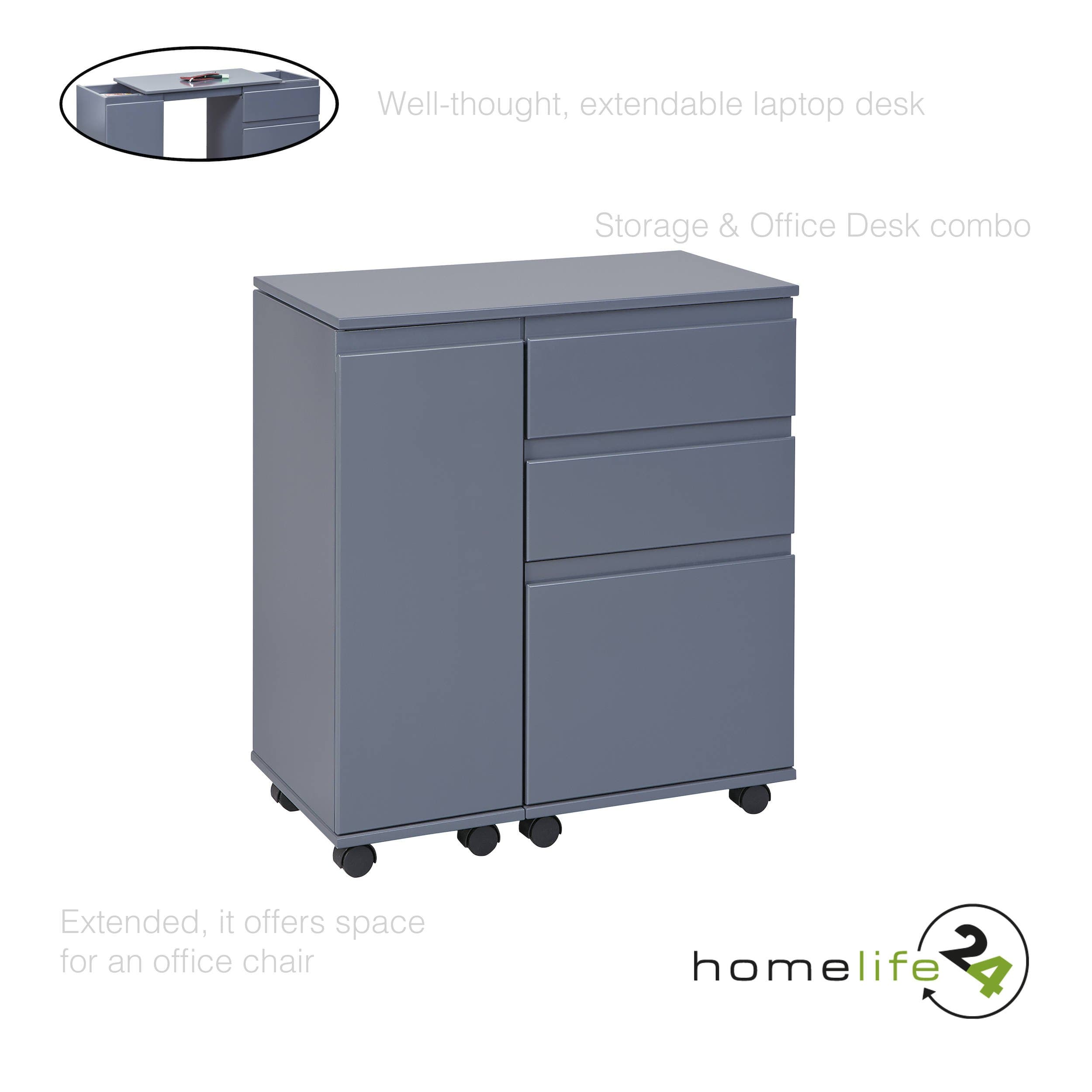 H24living Laptop desk for Home Office, compact, adjustable in width, mobile with 3 drawers and 1 door, Grey finish