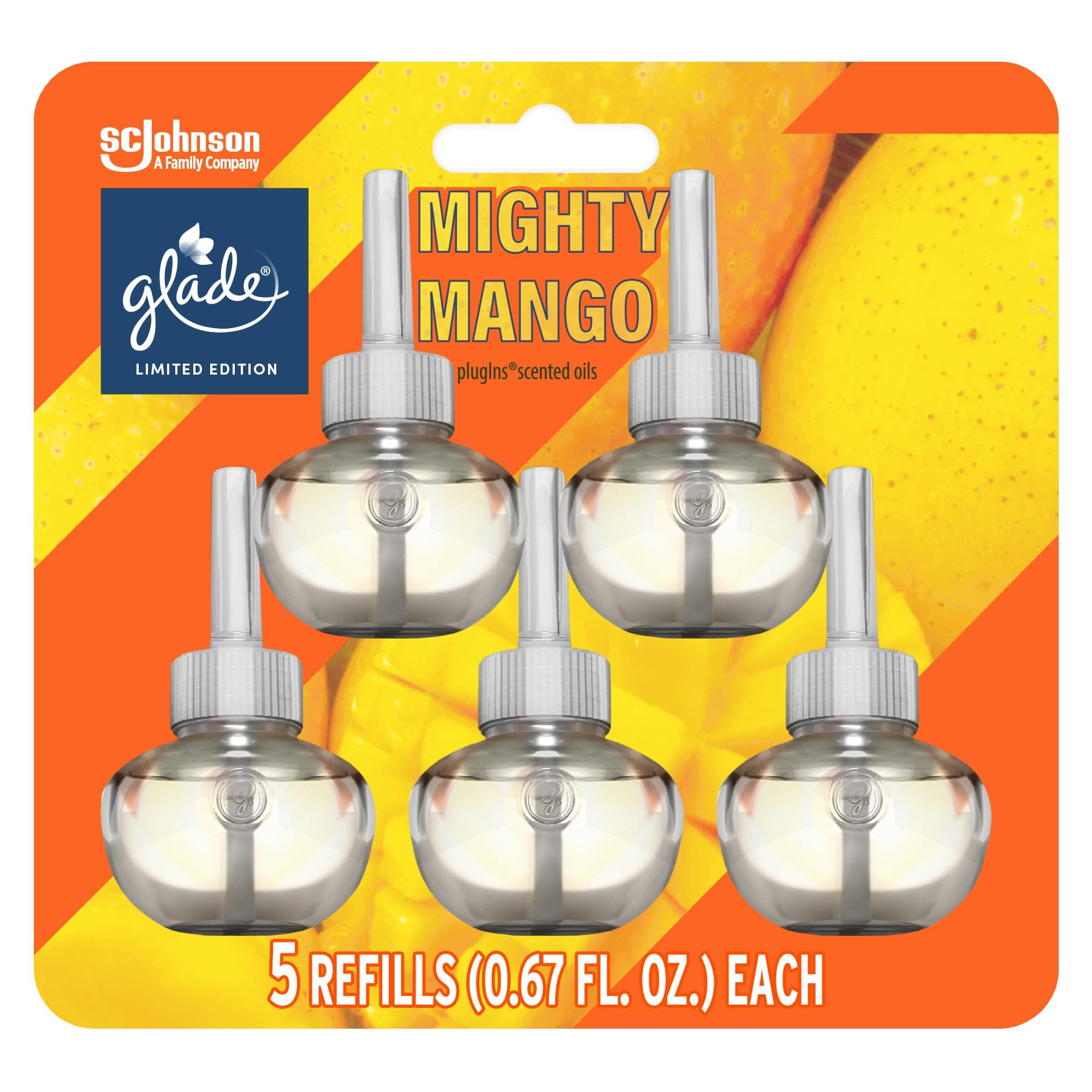 PlugIns Refills Air Freshener, Mighty Mango, Scented and Essential Oils for Home and Bathroom, 0.67 Fl Oz, 5 Count