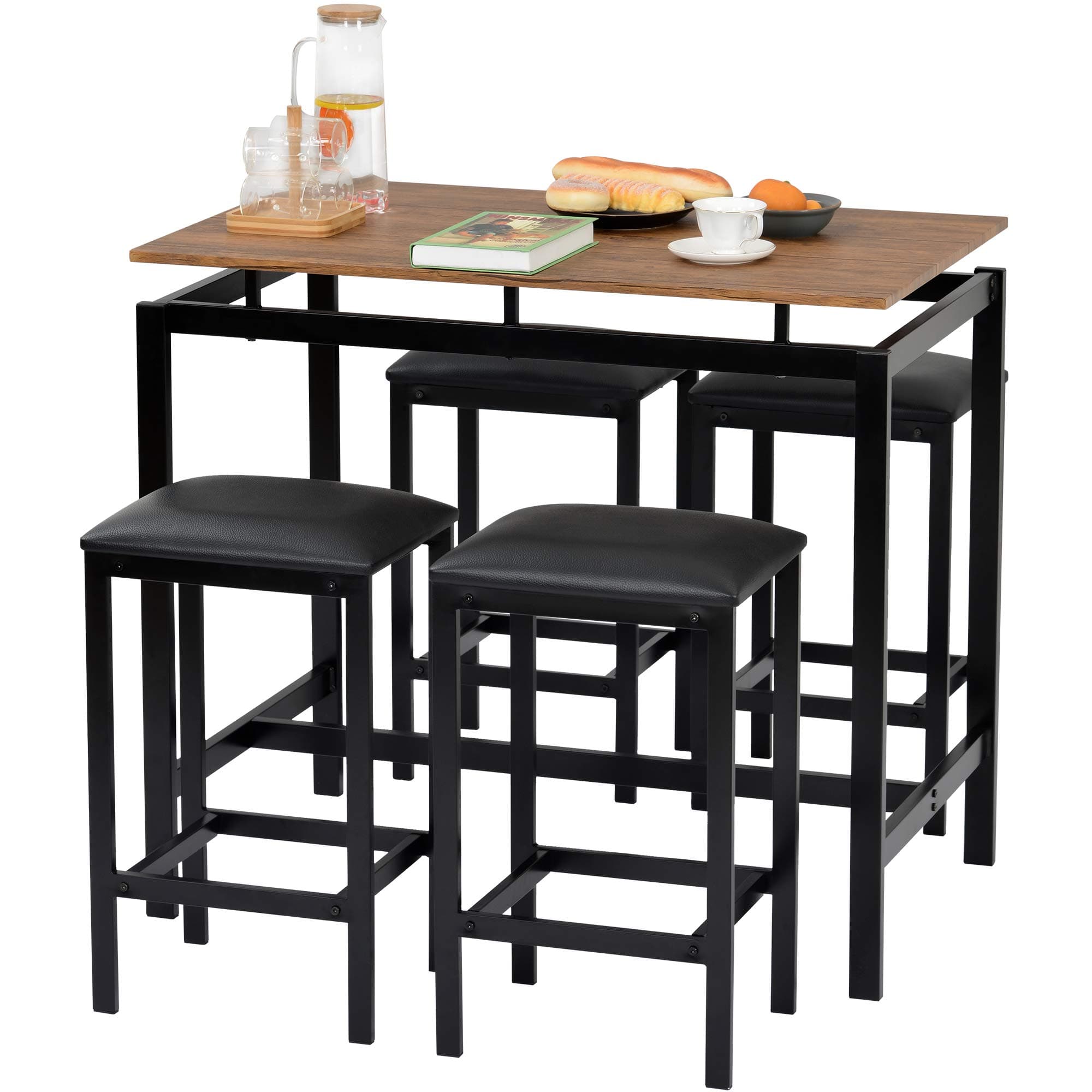 WEALTHGIRL Breakfast Bar Table and Stool Set, Bar Table and 4 Stools Kitchen Set with Padded Seat Breakfast Small Dining Table and 4 Chairs Set for Kitchen, Living Room, Party Room (Brown)