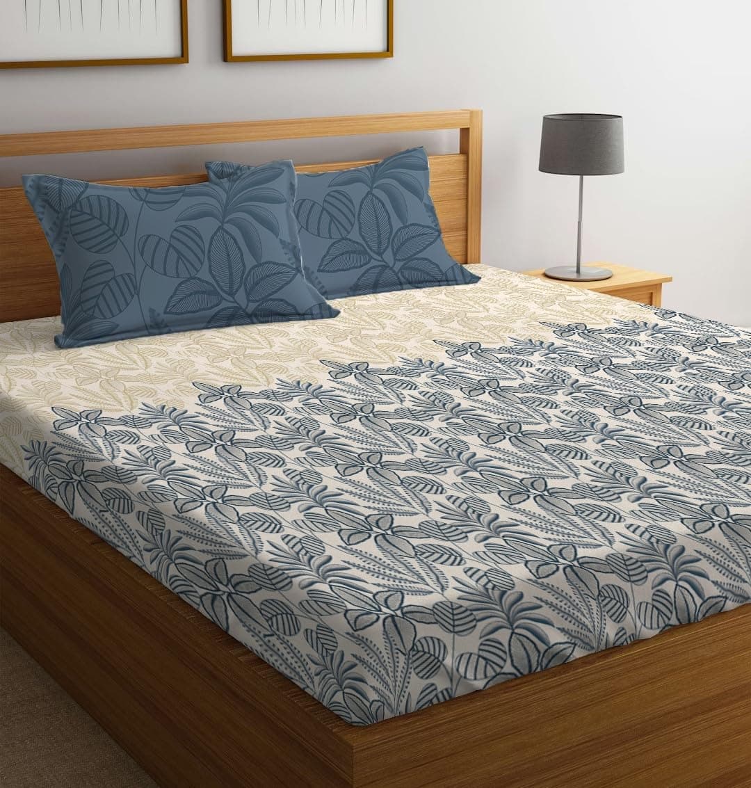 LOOMLYFE 300 TC Microfiber XXL Soft Cotton Super King Size Printed Bedsheet For Double Bed, 108 Inches X 108 Inches, 9 Feet, 275 X 275 Cm With 2 Large Size Pillow Covers - Bluecocunut