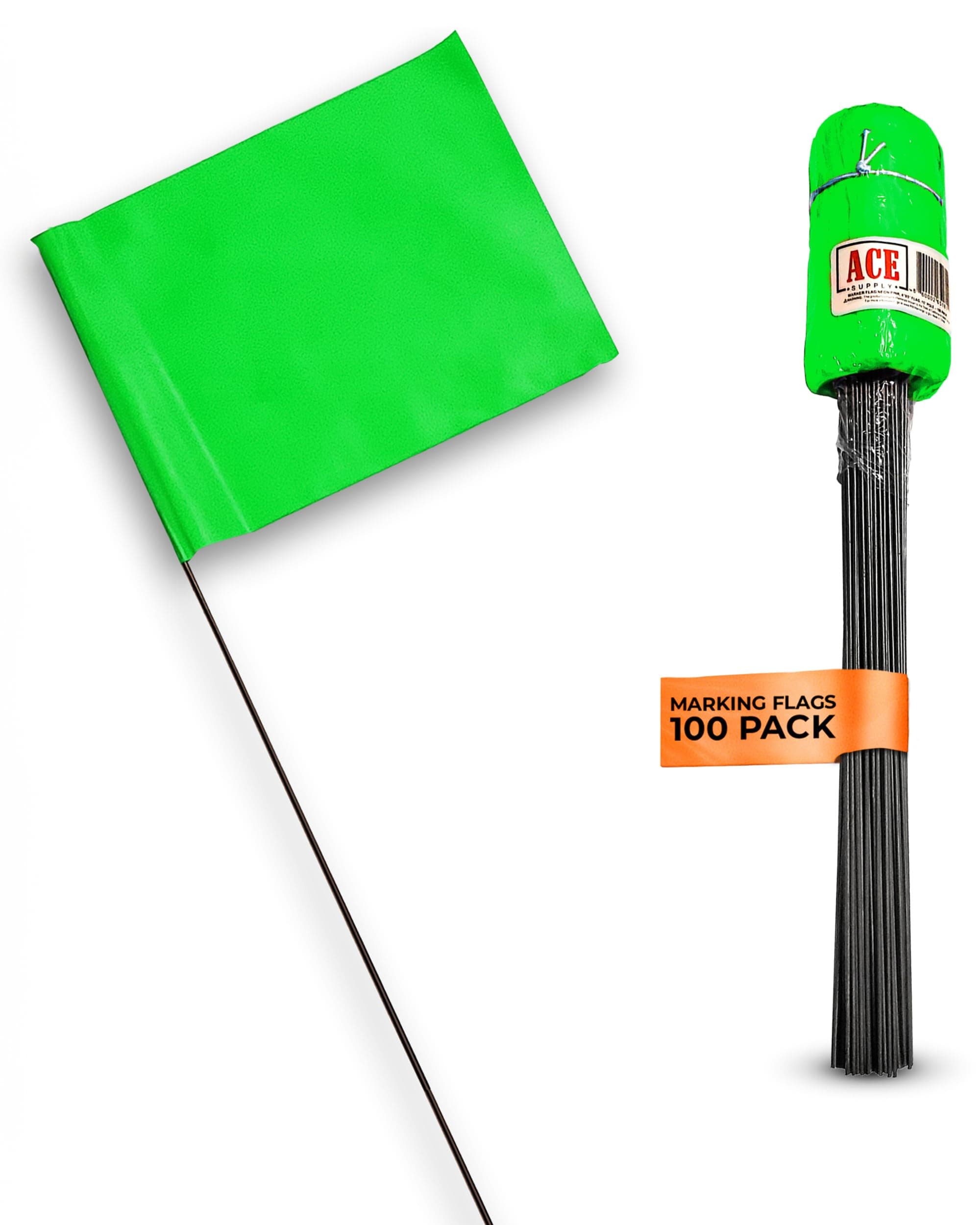 ACE Supply Green Marking Flags 100 Pack - 4 x 5-Inch Flag on 15-Inch Steel Wire - Marker Flags for Irrigation, Sprinkler Flags, Lawn Flags, Yard Flags, Dog Training, Compatible with Invisible Fence