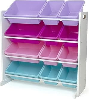 Humble Crew Toy Storage Organizer, 12 Bins (8 Standard, 4 Large), 34x11x31 inches, BPA & Phthalate Free, Modern/Contemporary, White/Pink/Purple/Turquoise