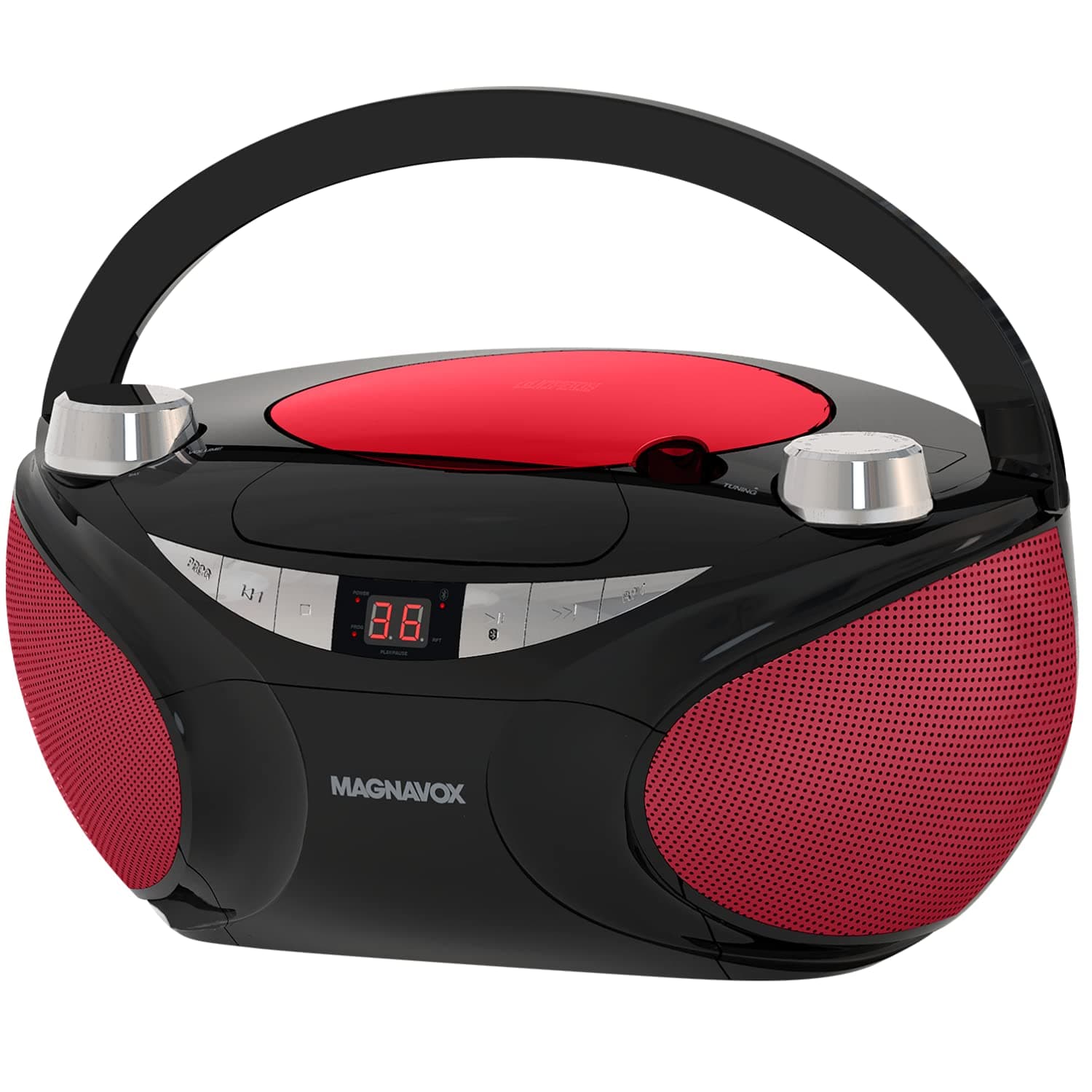 Magnavox MD6949 Portable Top Loading CD Boombox with AM/FM Stereo Radio and Bluetooth Wireless Technology in Black | CD-R/CD-RW Compatible | LED Display | (Black/Red)