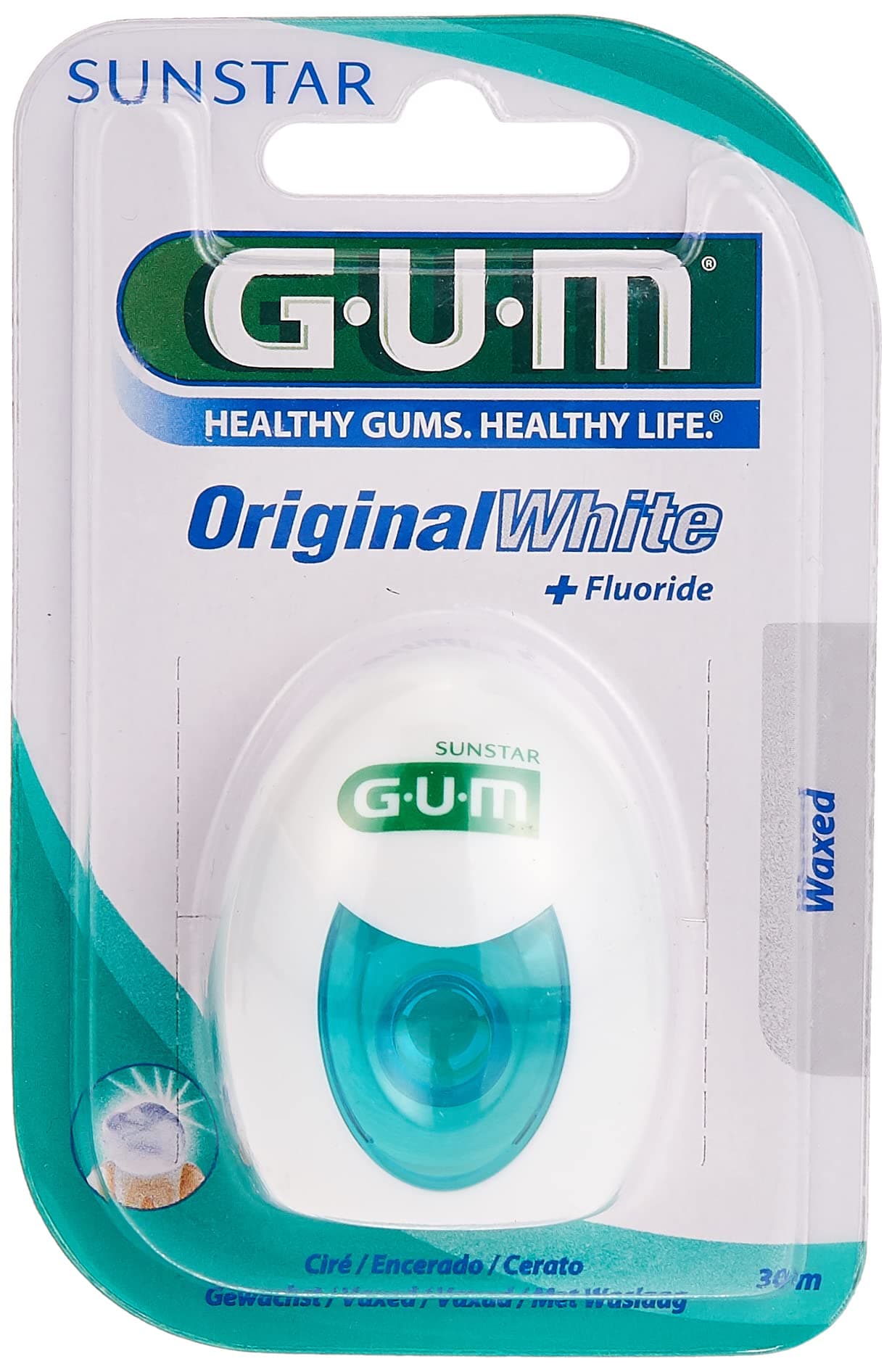 Gum original white dental floss - designed to remove stains in-between teeth-interdental control -plaque with micronized silica and fluoride deep cleaning 30m