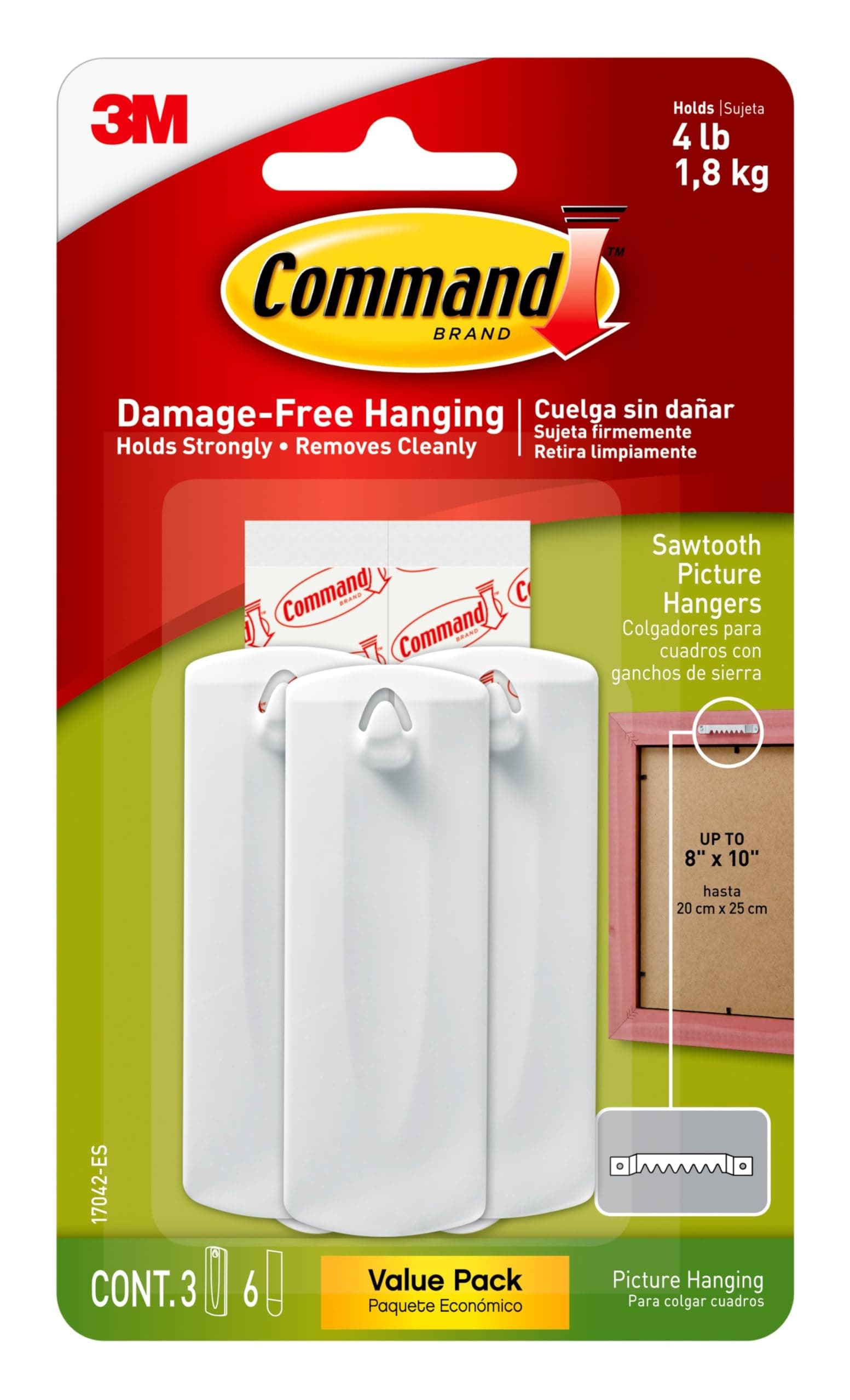 Wire-Back Sawtooth Frame Hangers, Holds up to 5 lbs, 3 Singulars Hangers, 6 strips, Decorate Damage-Free