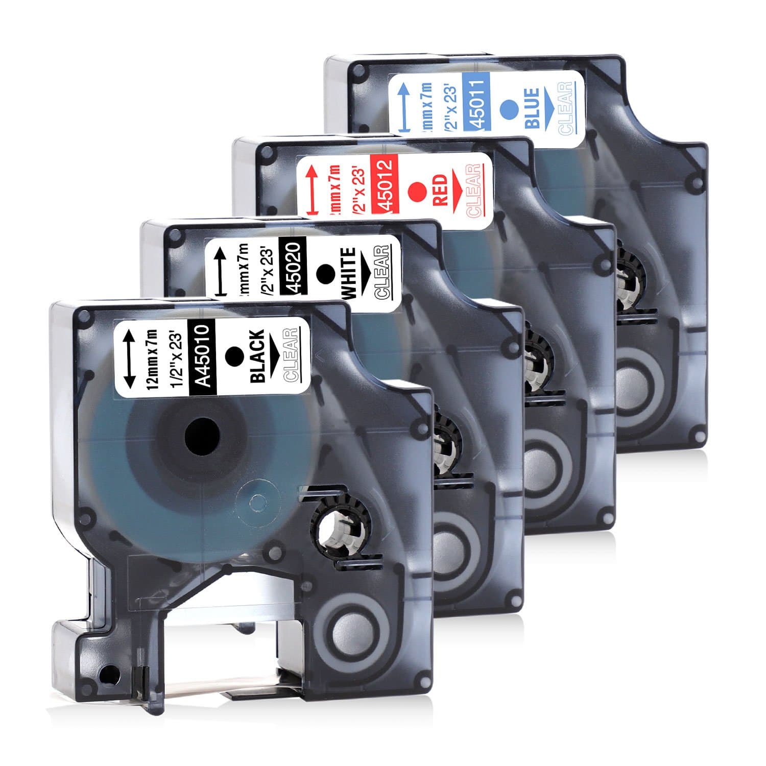 Oulei Compatible Label Tape Replacement for Dymo Tape D1 45010 45020 45012 45011 for Dymo 1/2''x23' Black/White/Red/Blue on Clear/Transparent 4 Cartridges