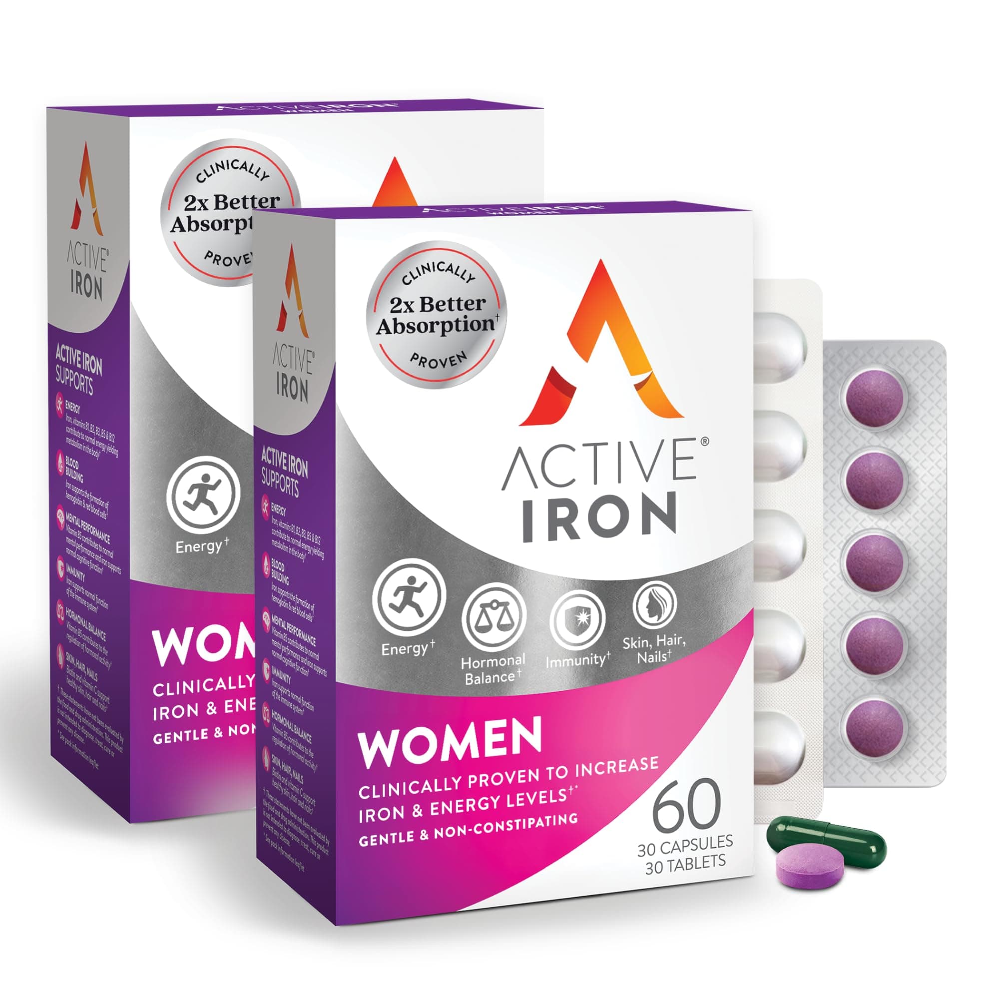 Active Iron Supplement 25mg + Delayed-Release Women’s Multivitamin, Clinically Proven to Increase Iron & Reduce Tiredness, Gentle & Non-Constipating, Highly Absorbed, 60 Capsules + 60 Tablets