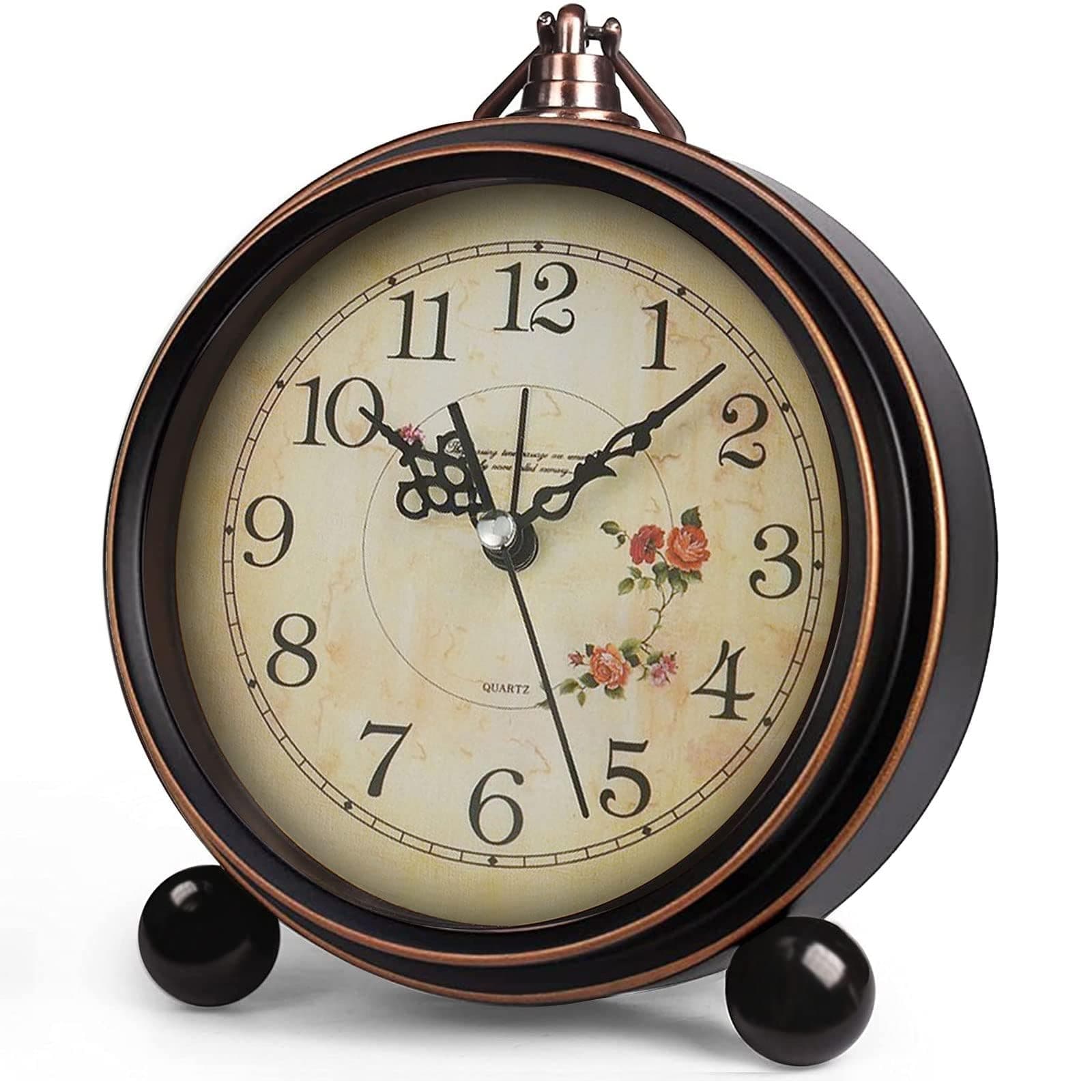 Vintage Analog Alarm Clock, 5.25 inch Small Silent Desk Clock with Night Light, Battery Operated for Table, Bedroom, Bedside, Living Room, Gift Clock (Flower)