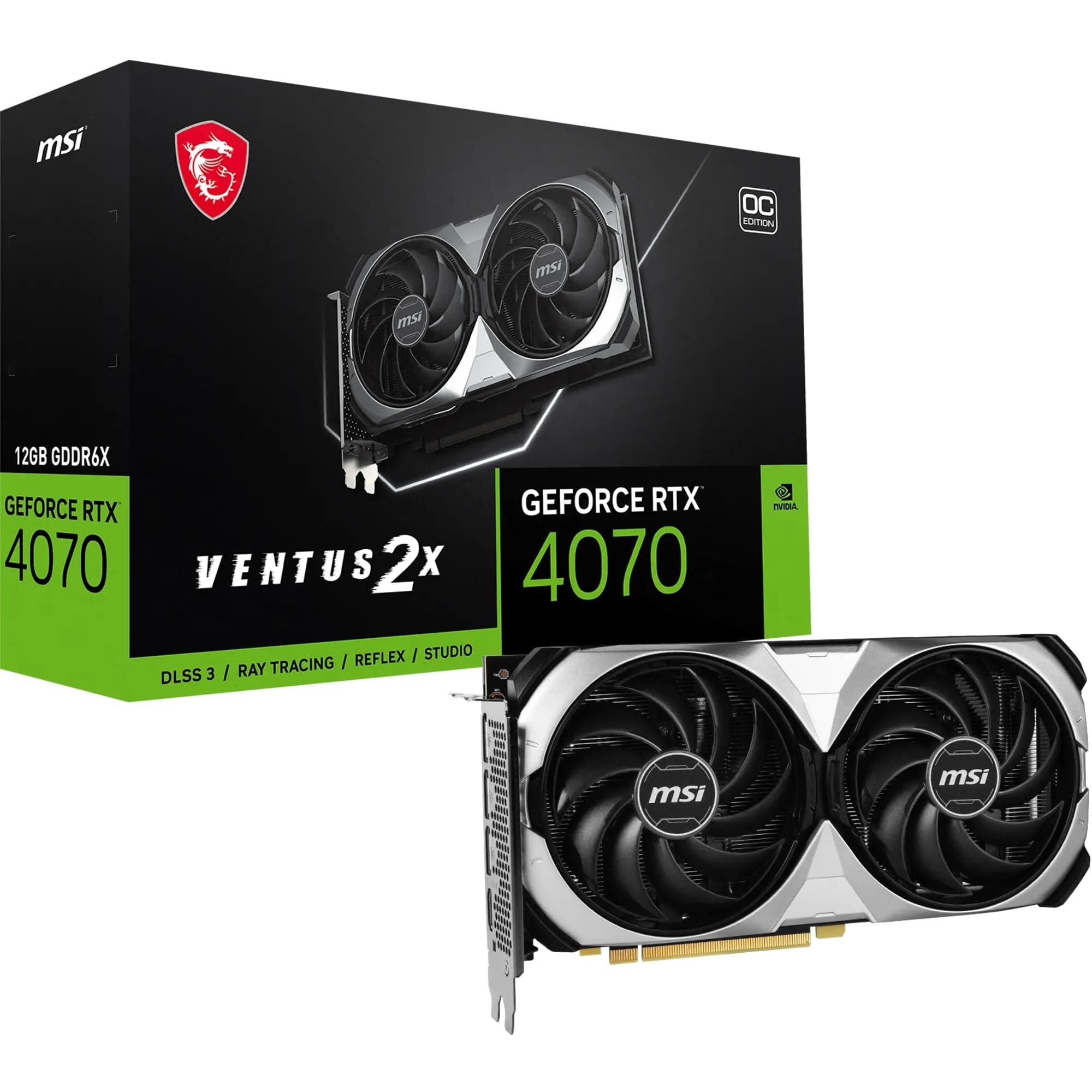 MSI GeForce RTX 4070 VENTUS 2X OC Graphics Card, 12GB GDDR6X 192-bit Memory, 2505 MHz Boost Clock, 5888 CUDA Cores, 21 Gbps Memory Speed, PCI Express Gen 4, DisplayPort x 3HDMI x 1