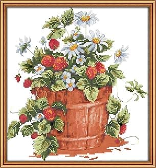 CaptainCrafts Cross Stitch Kits, New Stamped Kit Printed 11CT Fabric Cross Stitching DIY Art DMC Needlecrafts Embroidery Kit for Adults Beginner (Stamped, Strawberry)