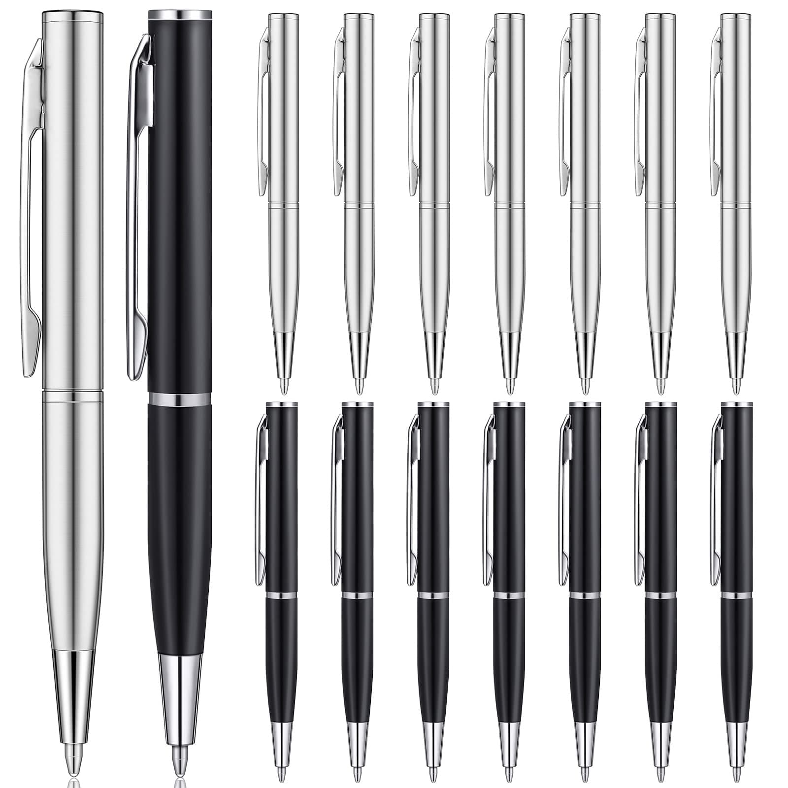 Chinco 16 Pcs Mini Pen 3 Inch Tiny Short Pen for Pockets Notebook Metal Small Ballpoint Bulk for Boss Notepads Notebooks Business Trip Office School Supplies(Silver, Black)