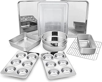 Bakeware Sets of 11, P&P CHEF Stainless Steel Baking Pans Set, Includes Baking Sheets and Rack, Lasagna Pan with Lid, Round/Square Cake Pan, Muffin Pans, Loaf Pan, Reusable & Durable