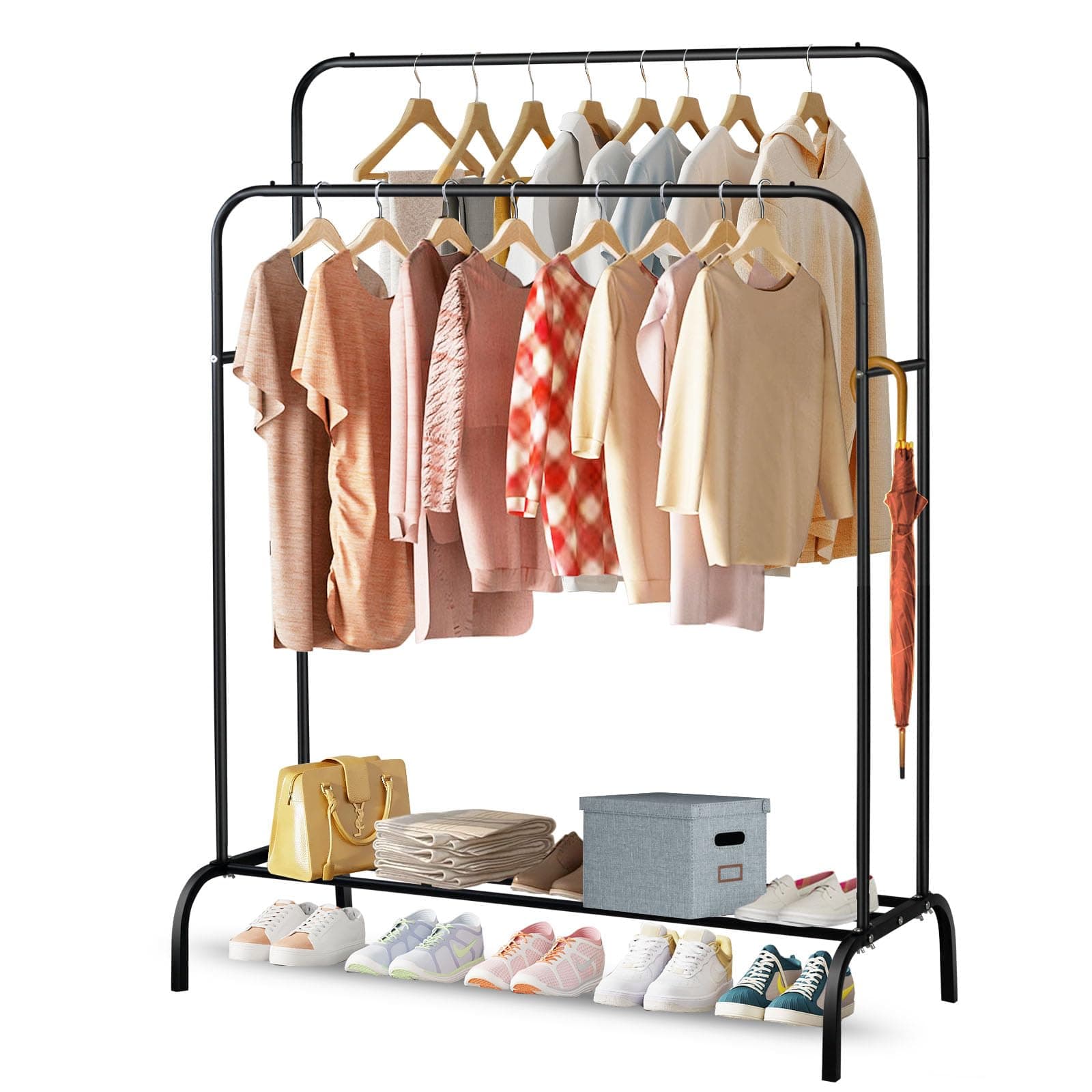 Double-Rail Clothes Rack|Multifunctional Heavy-duty Clothes Rack|Metal Freestanding Clothes Rail Garment|with Lower Storage Shelf|Hanging Rack Organizer for Bedroom|Black 110.5 * 50 * 152cm