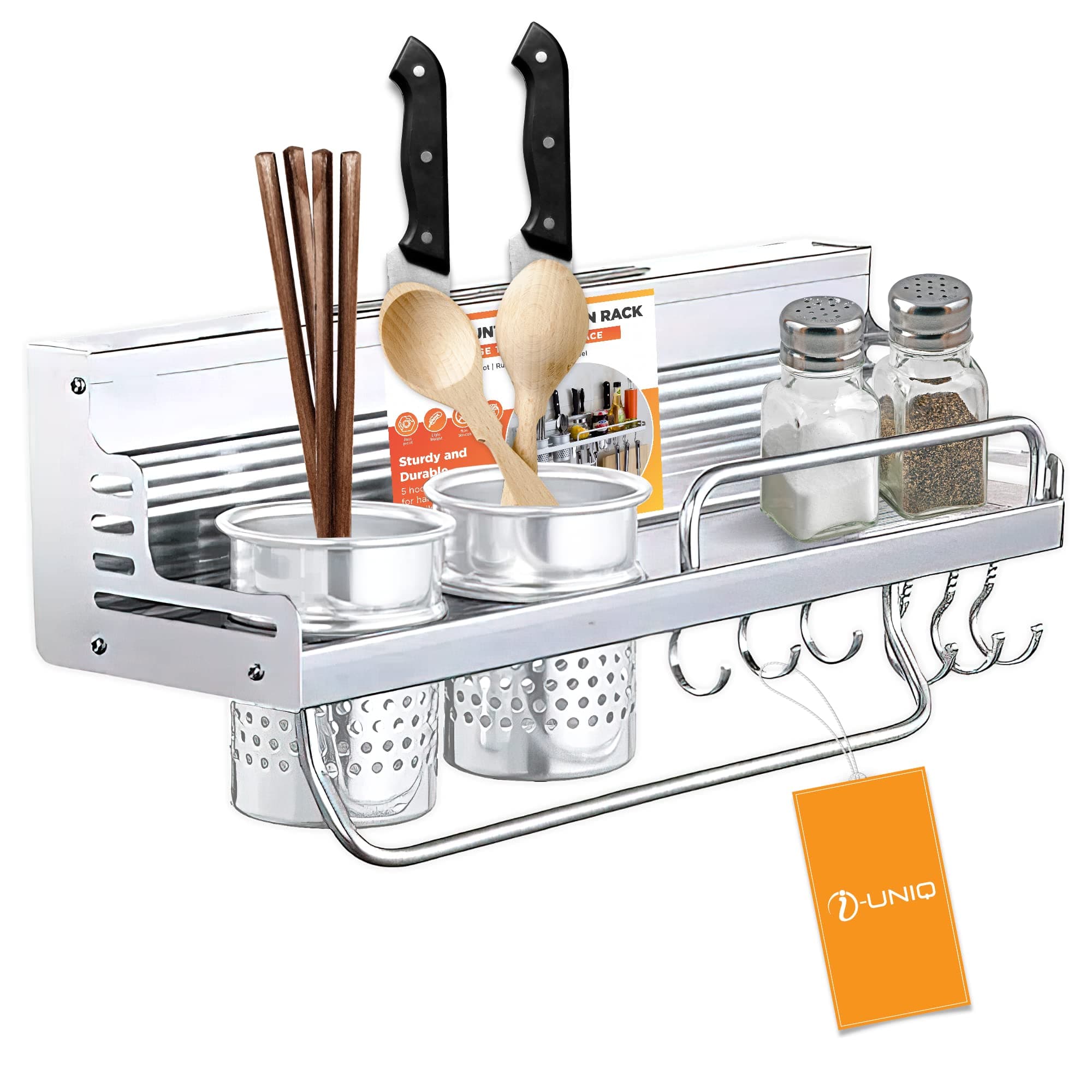 I-UNIQ Aluminum Multipurpose Kitchen Organizer (No Drilling), Wall Mounted Kitchen Shelf, Storage Rack with Spice Rack and Cutlery Organizer (Silver 40x14x9cm)