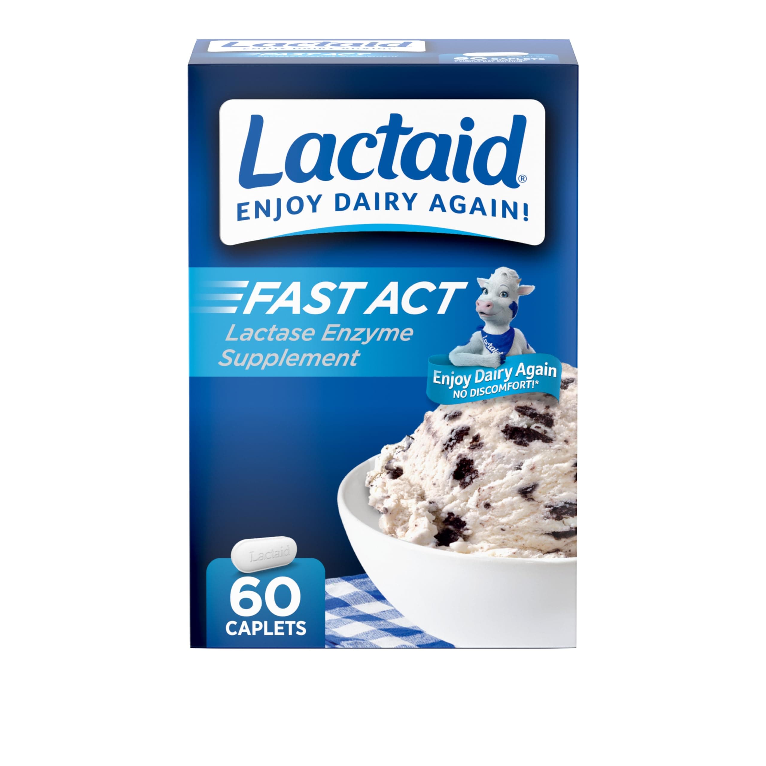 Lactaid Fast Act Lactose Intolerance Relief Caplets, Lactase Enzyme to Prevent Gas, Bloating and Diarrhea Due to Lactose Sensitivity, Single-Serve Supplements for Travel and On-The-Go, 60 Count