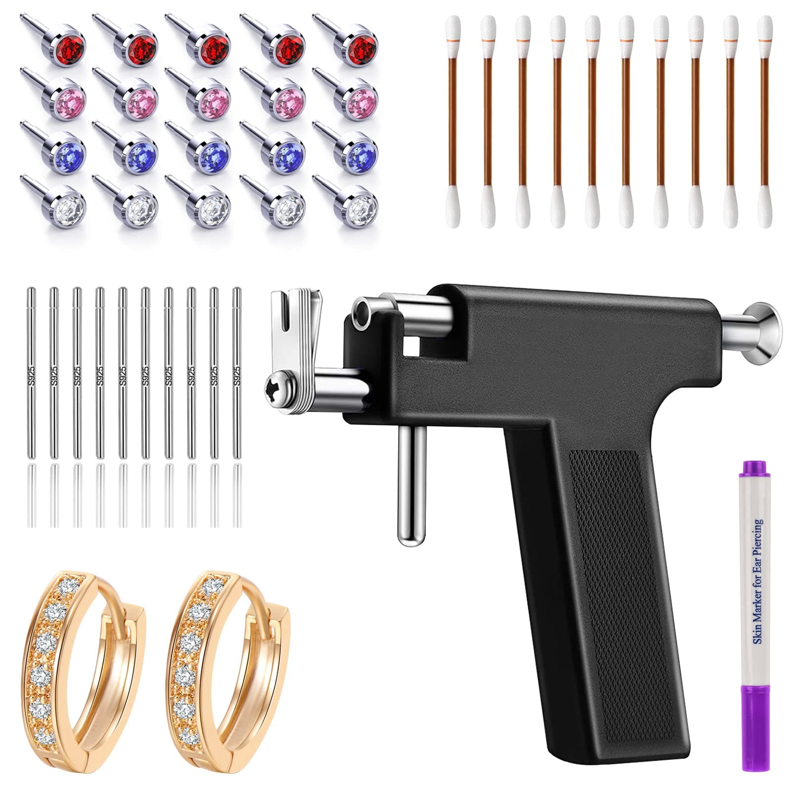 Ear Piercing Gun Kit, Professional Body Earrings Piercing Kit with A Pair of 18K Real Gold Plated Earrings, 20 Stainless Steel Stud Earrings, 10 Sterling Silver Ear Sticks,10 Iodophor Cotton Swabs