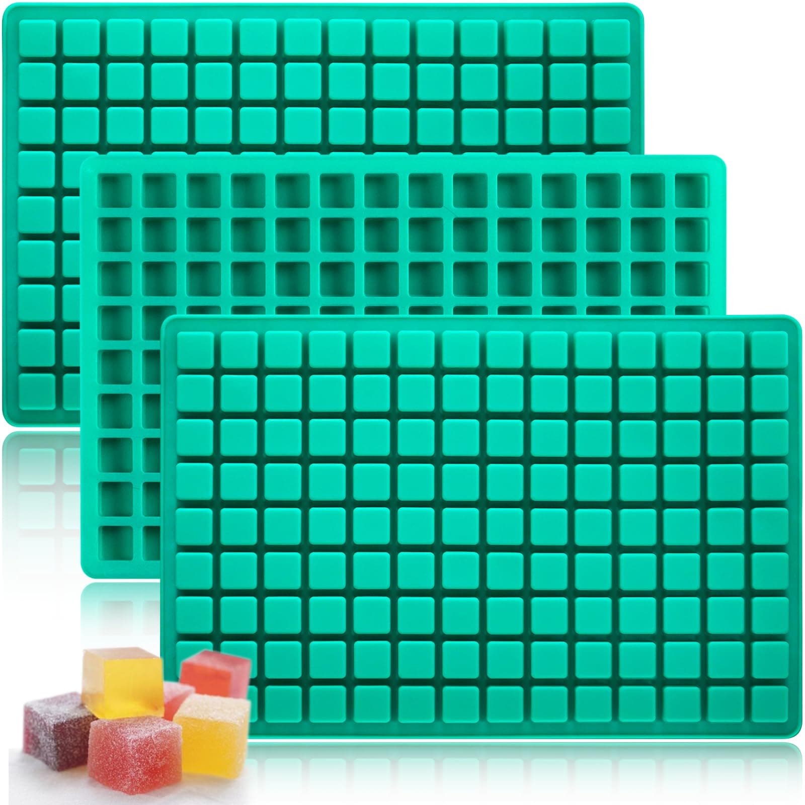 Square Gummy Molds Silicone, Mini Cute Candy Chocolate Keto Molds 3 Pack 126 Cavities Non-stick BPA free Tiny Bite Size Molds for Ice Cube Fruit edible Gummy Mold Easy to Release DIY Candy Making Kit