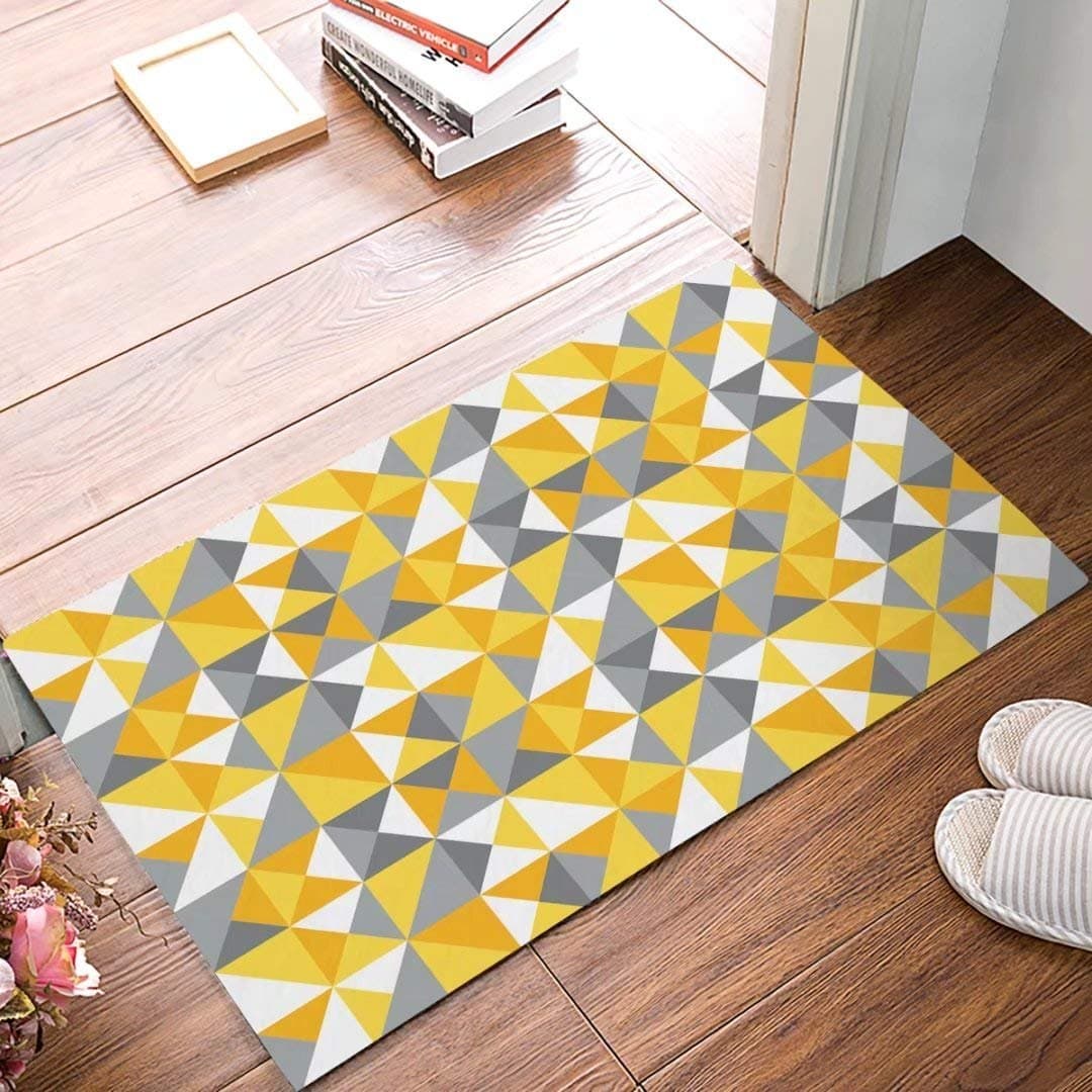 Decams Geometric Triangle Pattern Modern Door Mat Indoor Outdoor Non-Skid/Slip Rubber Back Entrance Rugs（Yellow Gold & Grey）