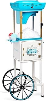 Nostalgia Snow Cone Shaved Ice Machine - Retro Cart Slushie Machine Makes 48 Icy Treats - Includes Metal Scoop, Storage Compartment, Wheels for Easy Mobility - White, Blue