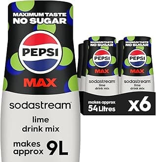 – Sodastream Pepsi MAX Lime Fizzy Water Flavouring Syrup, Sugar Free Soda Syrup, Zero Sugar Pepsi Flavour, 6 x 440ml Multipack, Home Soda, Flavoured Sparkling Water, Drink Mix, Makes Approx 54L