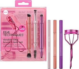 Double Time Brush + Lash 4 Piece Set, Dual-Ended Eye Makeup Brushes For Eyeshadow & Brows, Travel-Friendly Brush Caps For Storage, Eyelash Curler Included, Cruelty-Free
