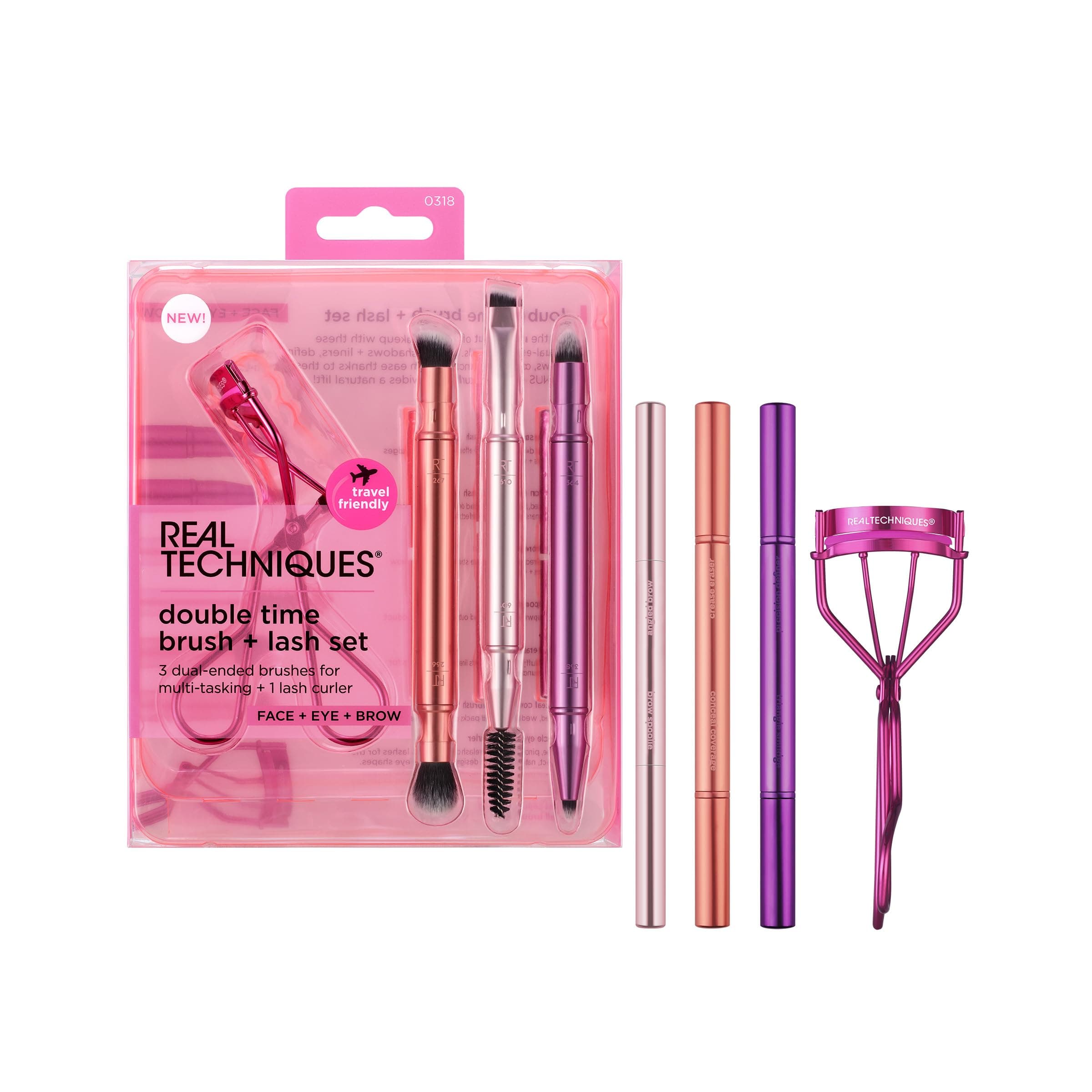 Double Time Brush + Lash 4 Piece Set, Dual-Ended Eye Makeup Brushes For Eyeshadow & Brows, Travel-Friendly Brush Caps For Storage, Eyelash Curler Included, Cruelty-Free