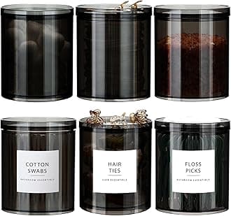 SheeChung 6-Pack Black Stackable Apothecary Jars - (10oz & 12oz) Mixed Sizes Qtip Holder - Modern Industrial Bathroom Accessories Decor with Storage Lids - Translucent Black